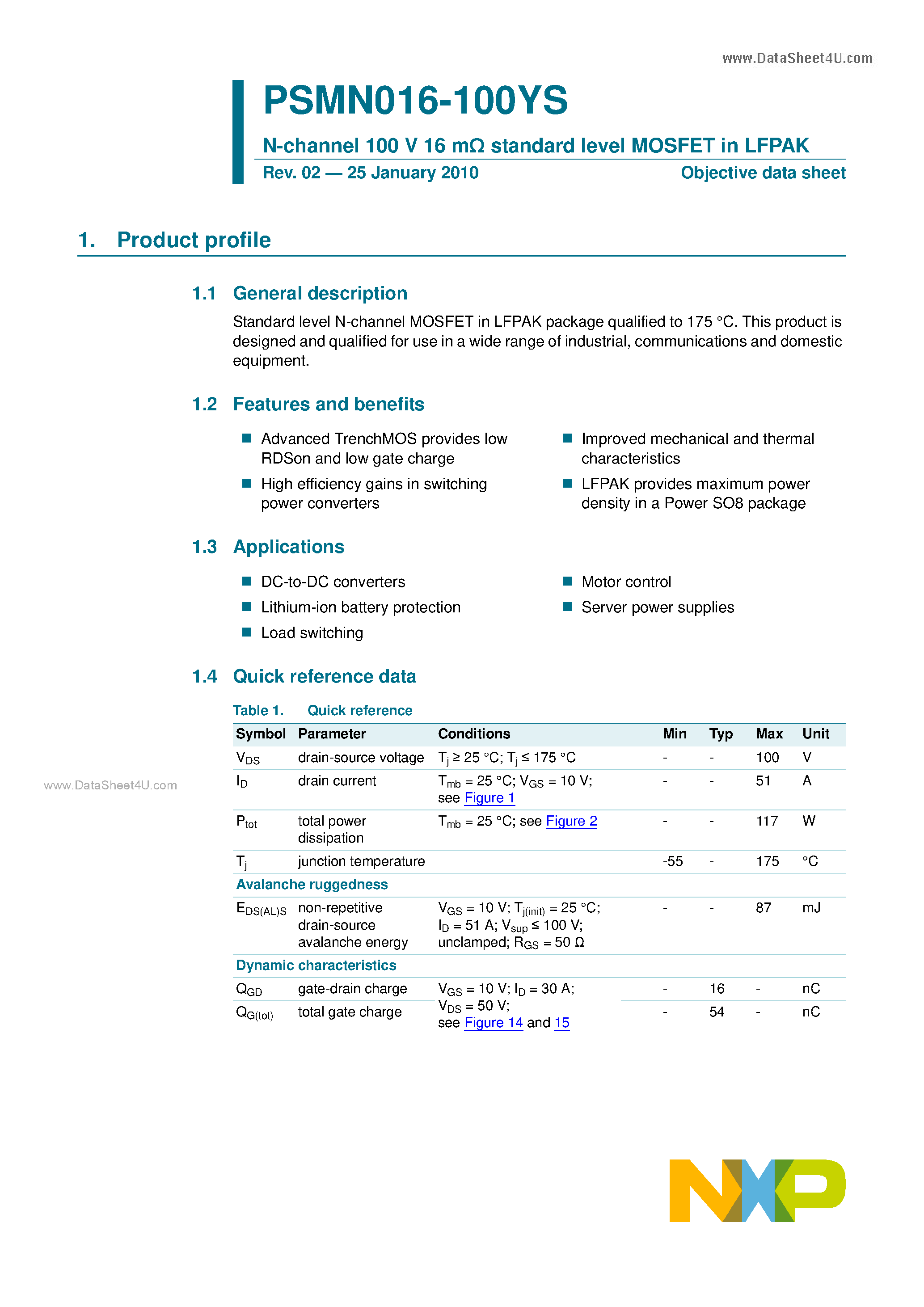 Datasheet PSMN016-100YS page 1 Datasheet PSMN016-100YS - N-channel 100V Standard Level MOSFET page 1