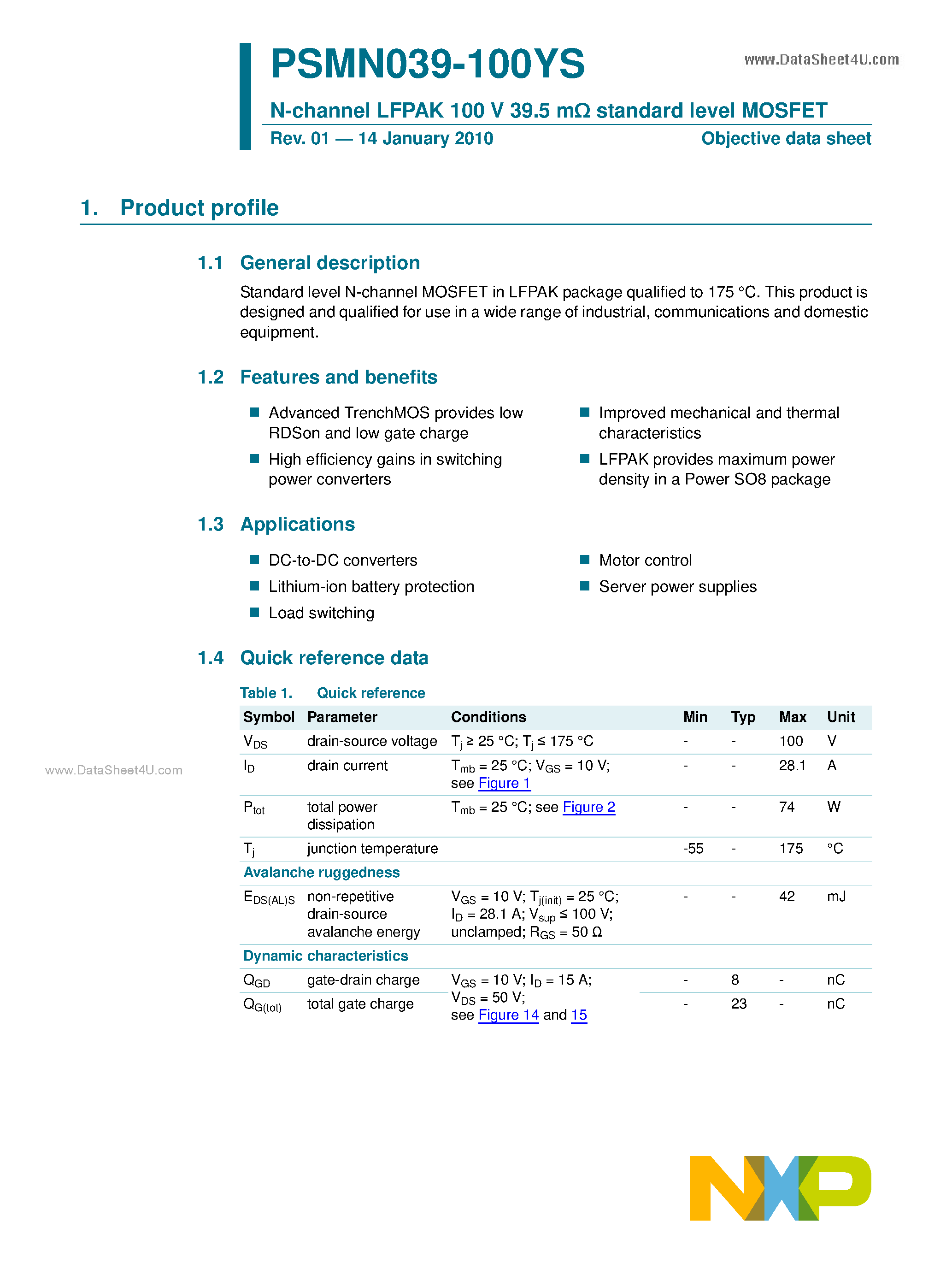 Datasheet PSMN039-100YS page 1 Datasheet PSMN039-100YS - N-channel LFPAK 100V Standard Level MOSFET page 1