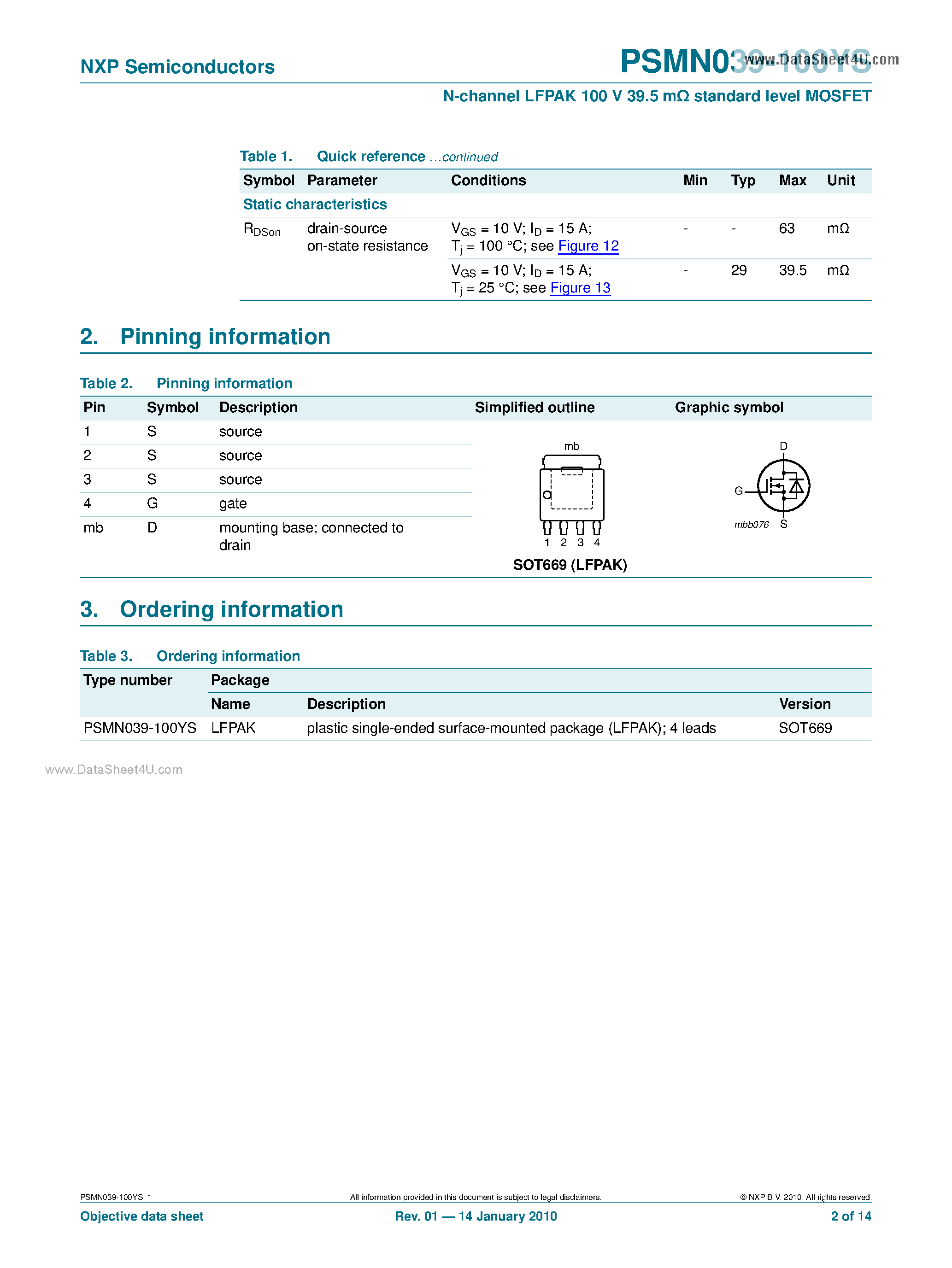 Datasheet PSMN039-100YS page 2 Datasheet PSMN039-100YS - N-channel LFPAK 100V Standard Level MOSFET page 2