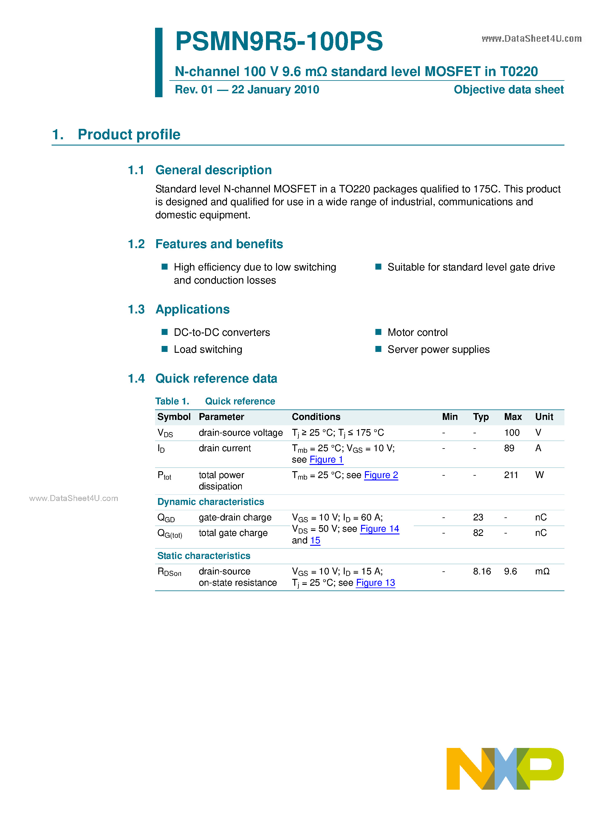 Datasheet PSMN9R5-100PS page 1 Datasheet PSMN9R5-100PS - N-channel 100V Standard Level MOSFET page 1