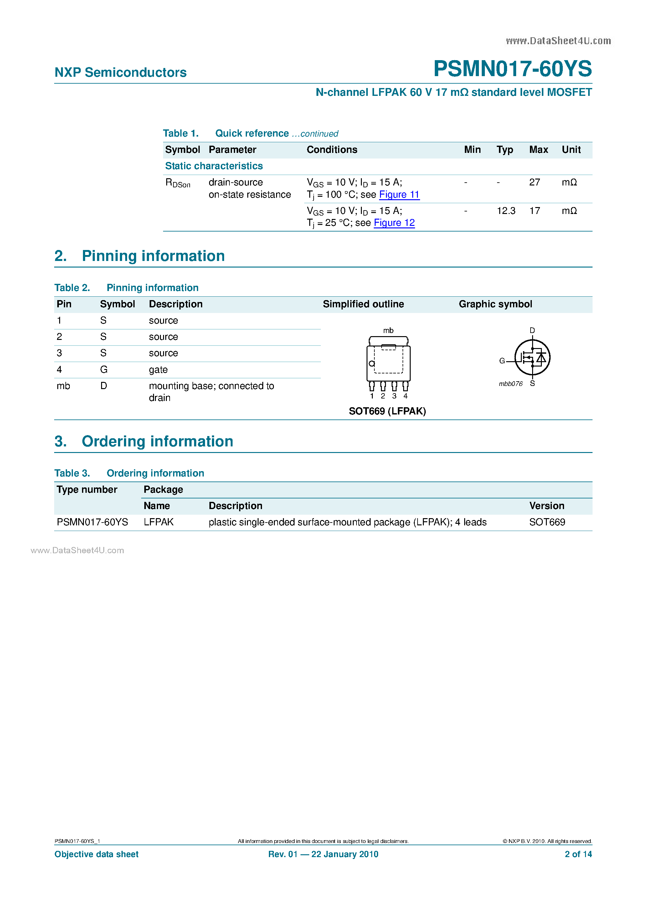 Datasheet PSMN017-60YS page 2 Datasheet PSMN017-60YS - N-channel LFPAK 60V Standard Level MOSFET page 2