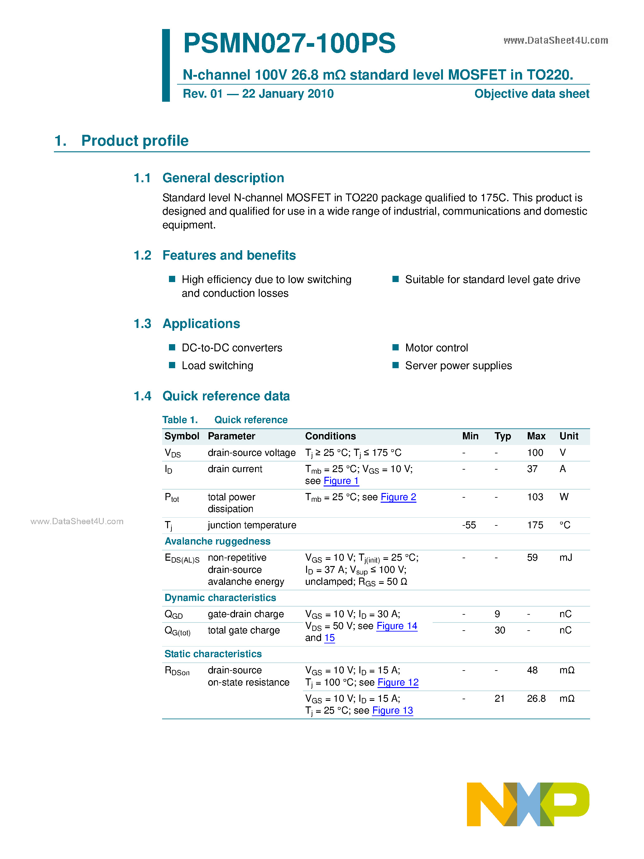 Datasheet PSMN027-100PS - N-channel 100V Standard Level MOSFET page 1