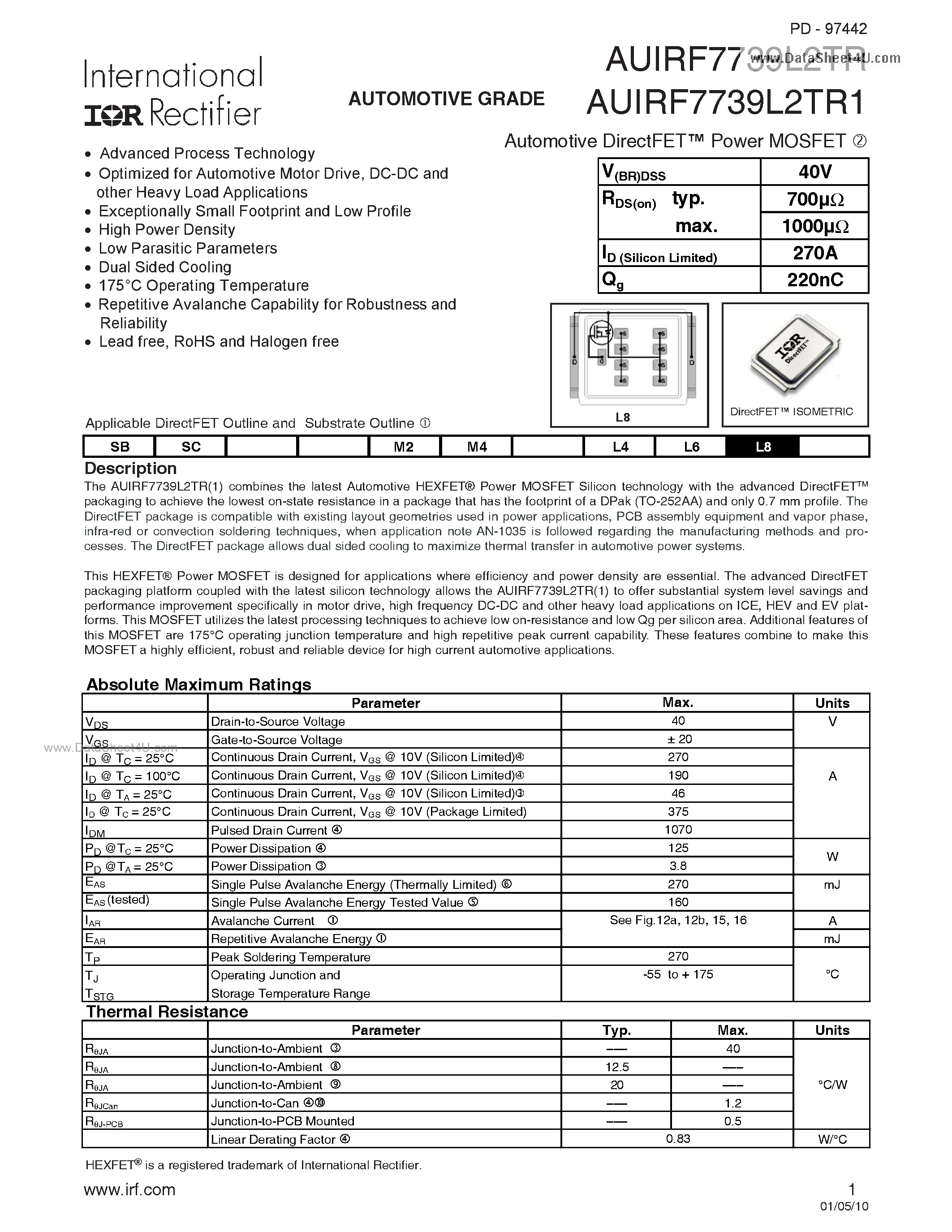 Datasheet AUIRF7739L2TR - N-Channel HEXFET Power MOSFET page 1