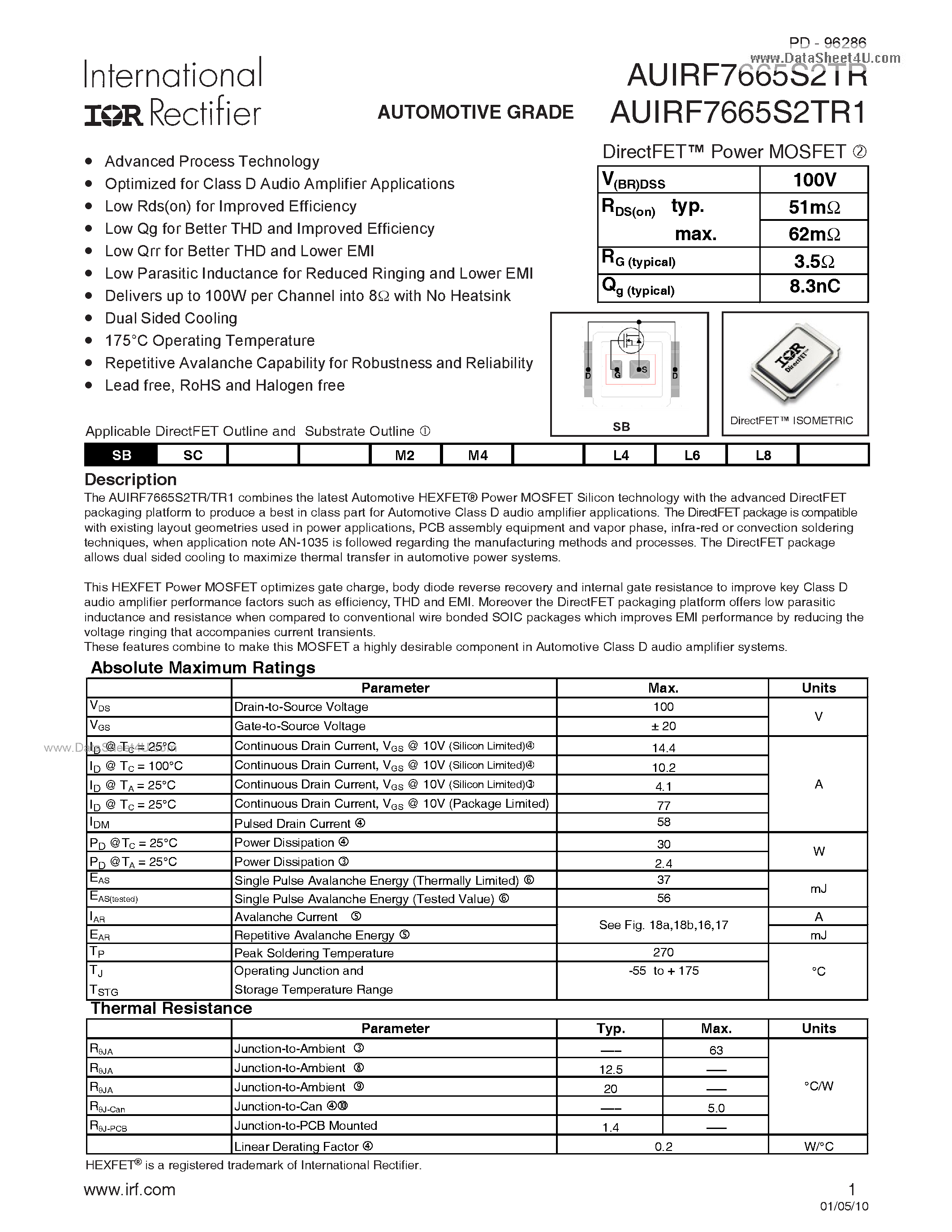 Datasheet AUIRF7665S2TR - N-Channel HEXFET Power MOSFET page 1
