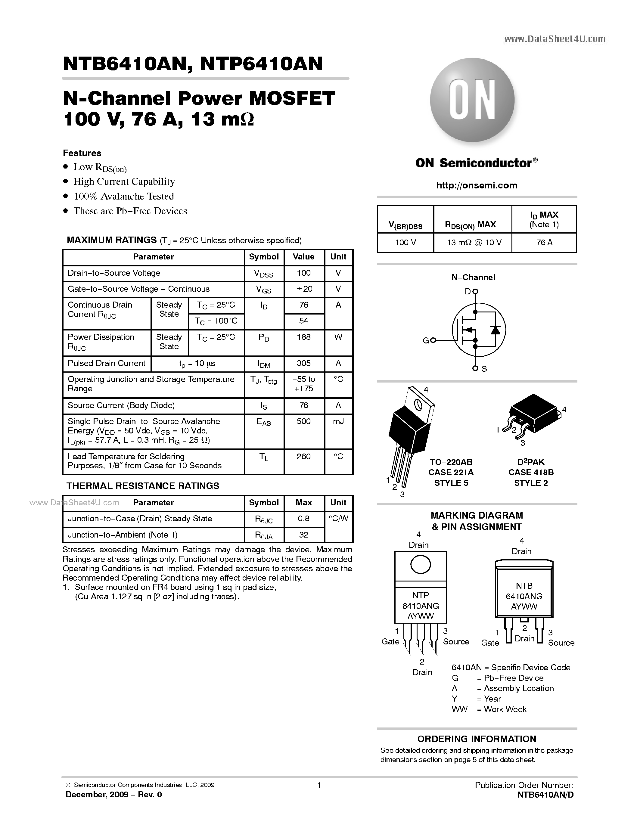 Datasheet NTB6410AN - N-Channel Power MOSFET page 1