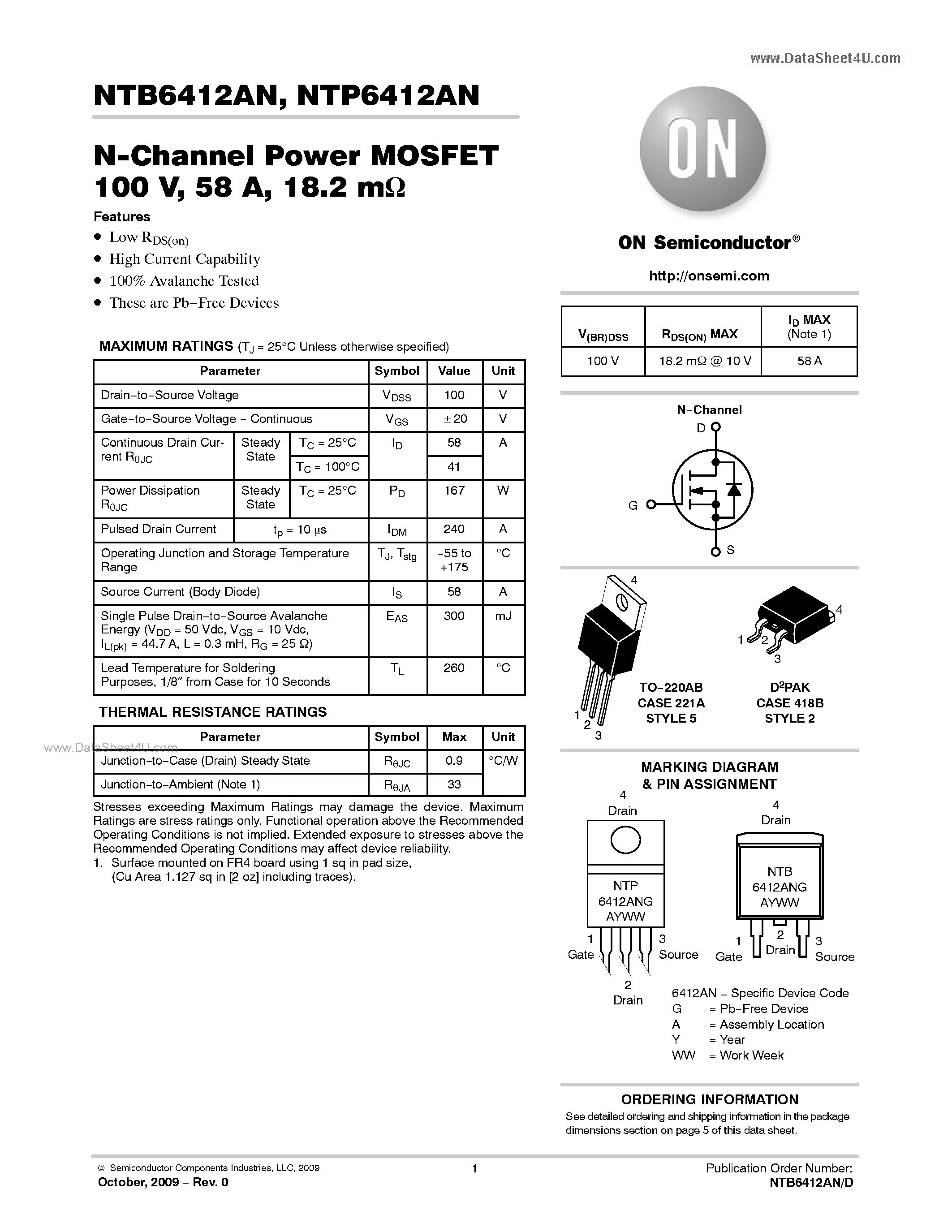 Datasheet NTP6412AN - N-Channel Power MOSFET page 1