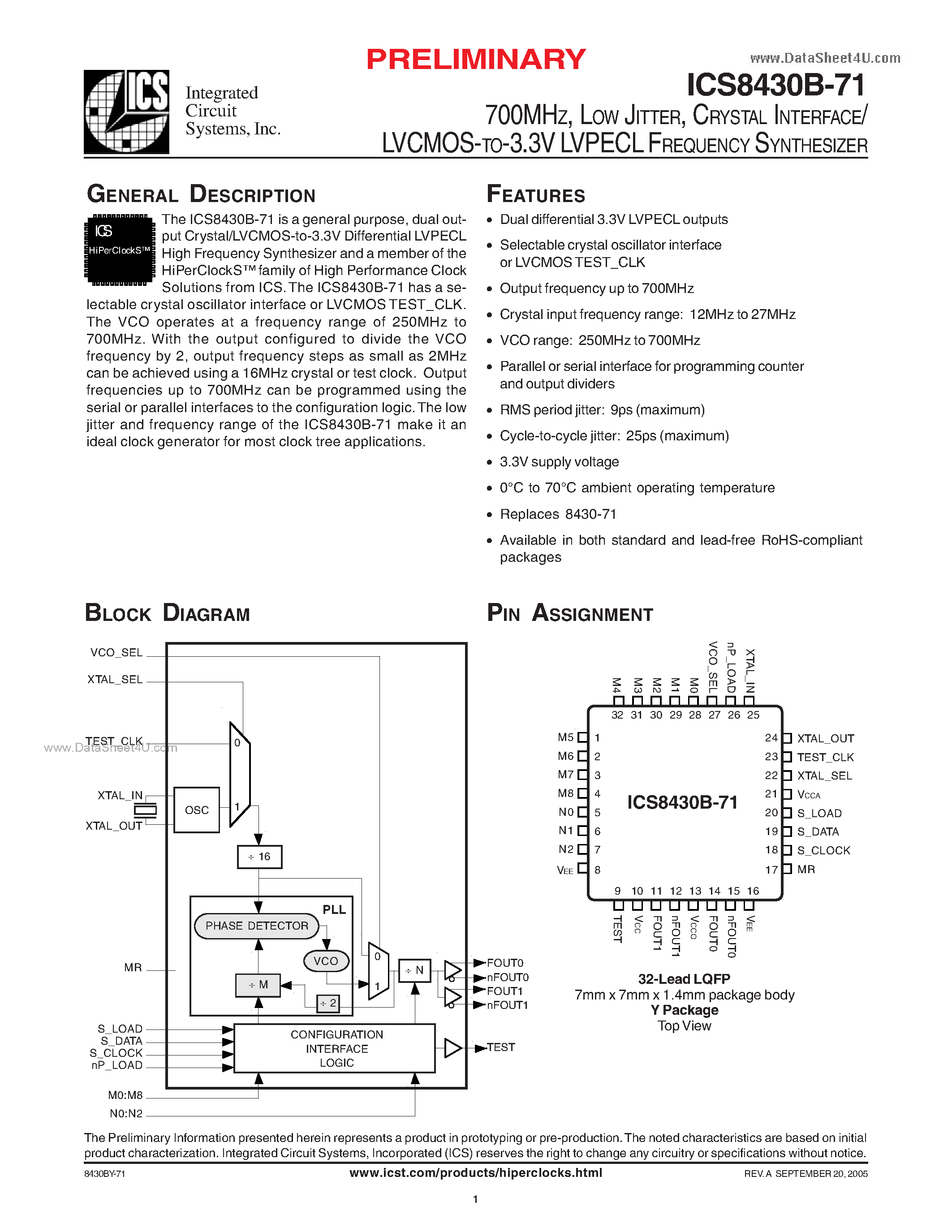 Даташит ICS8430B-71L - CRYSTAL INTERFACE / LVCMOS-TO-3.3V LVPECL FREQUENCY SYNTHESIZER страница 1