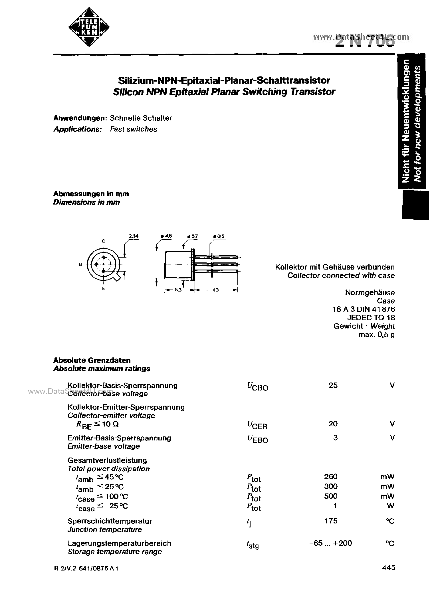 Datasheet 2N706 - Low Power Transistor page 1