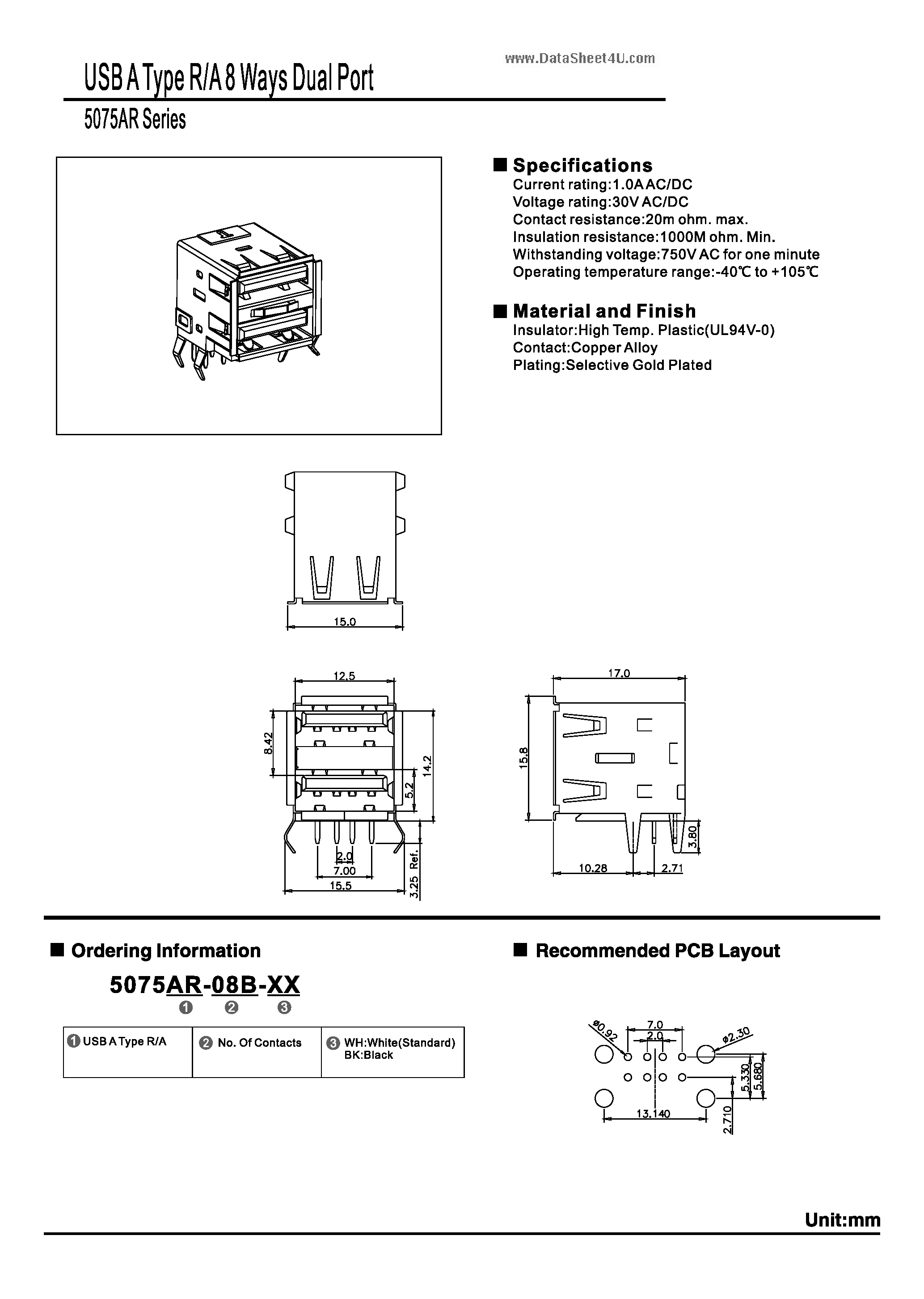 Даташит 5075AR - USB A Type R/A 8 Ways Dula Port страница 1