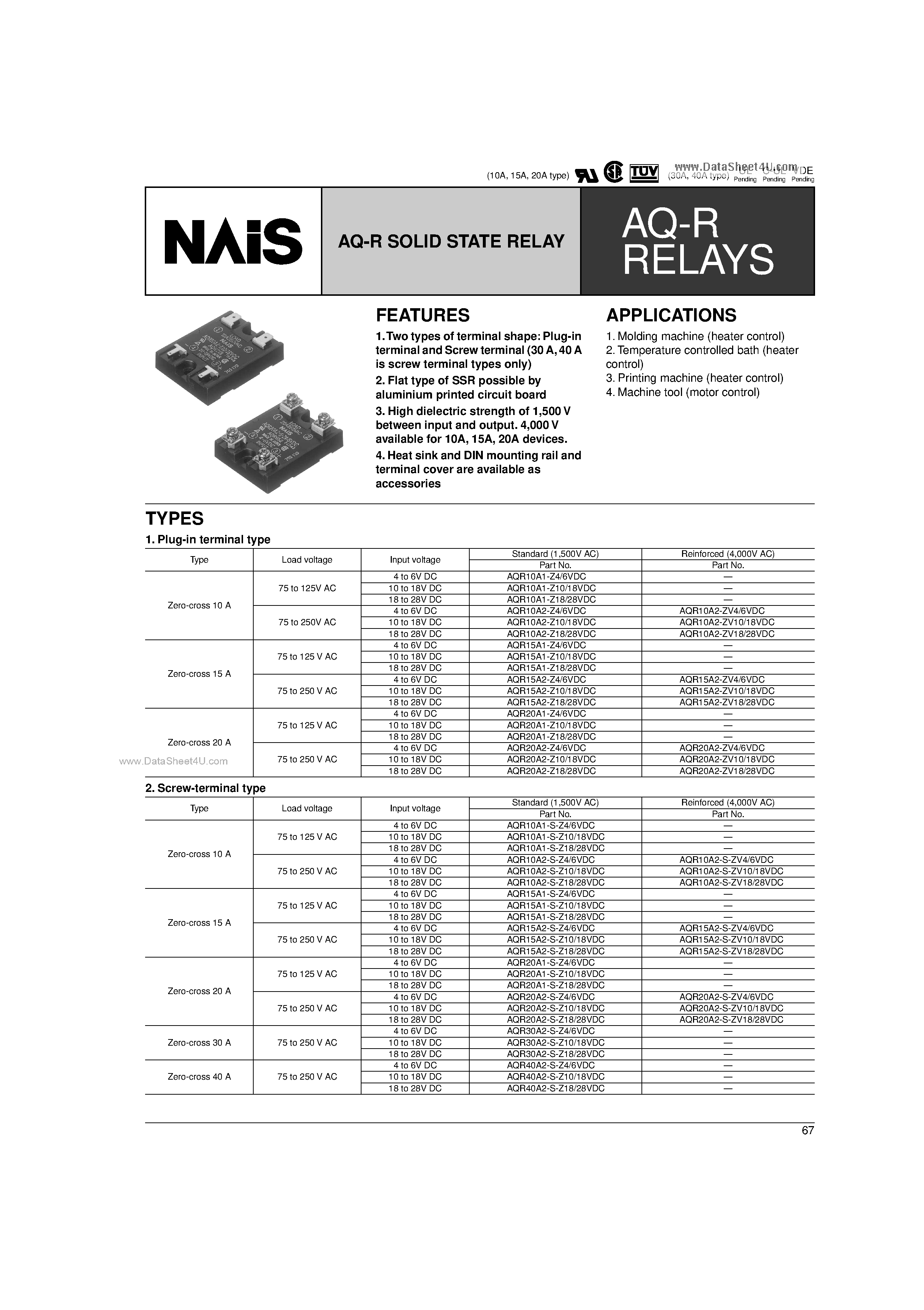 Даташит AQR10A1-S-Z10/18VDC - Solid State Relay страница 1