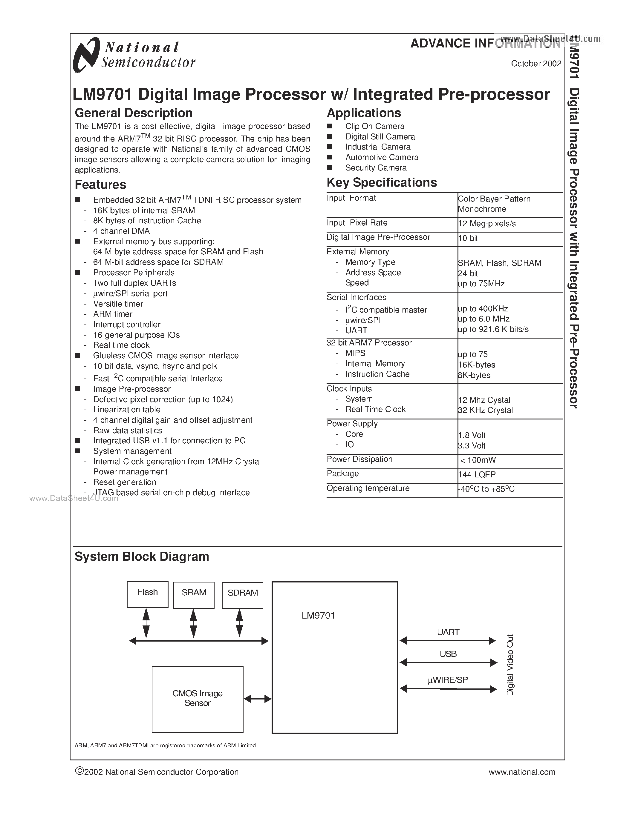 Datasheet LM9701 - Digital Image Processor w/ Integrated Pre-processor page 1