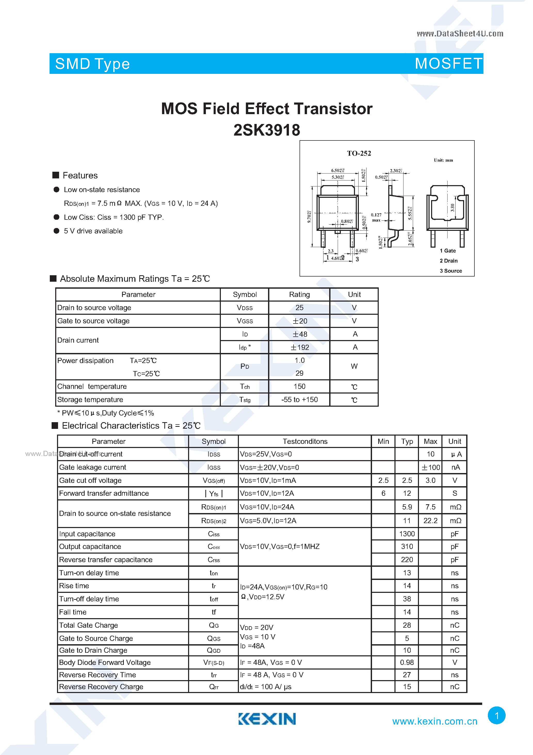 Datasheet 2SK3918 - MOS Field Effect Transistor page 1