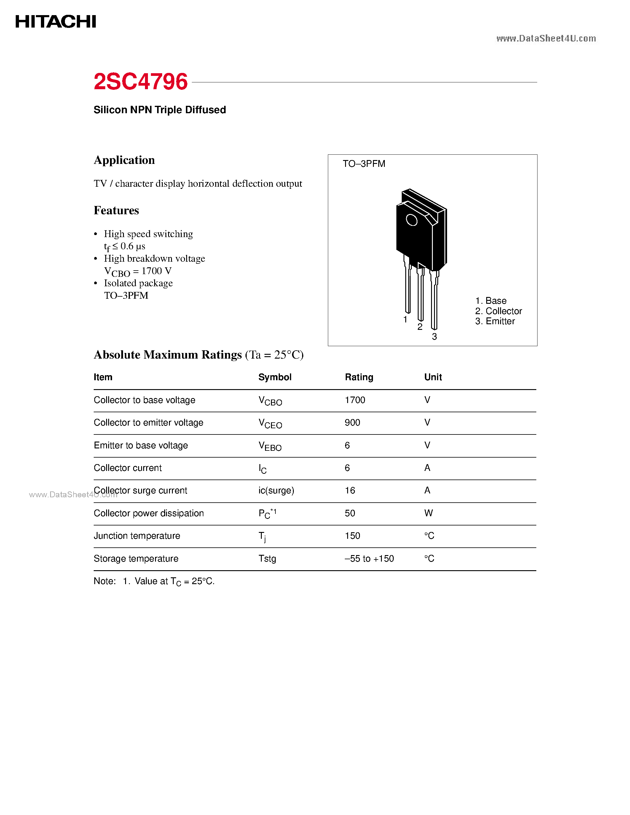 Datasheet 2SC4796 page 1 Datasheet 2SC4796 - Silicon NPN Triple Diffused page 1