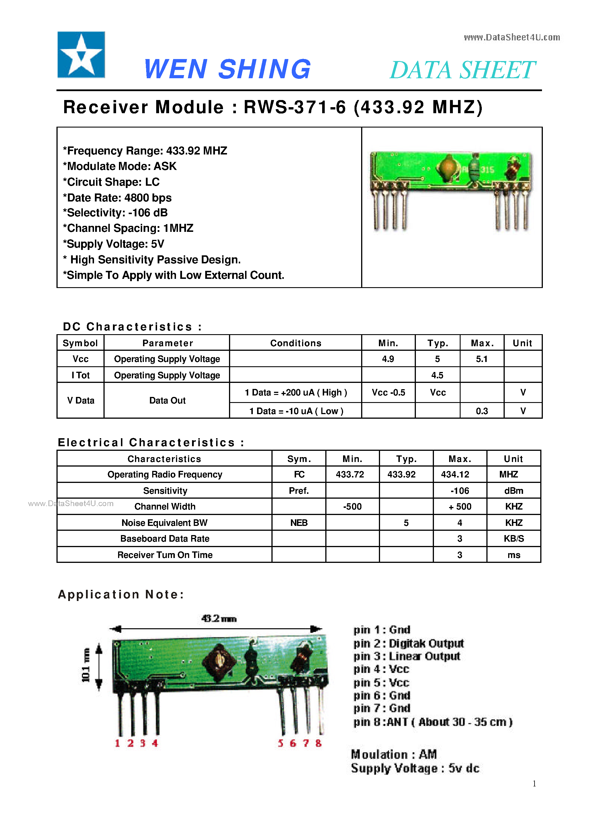 Datasheet RWS-371-6 - Receiver Module page 1