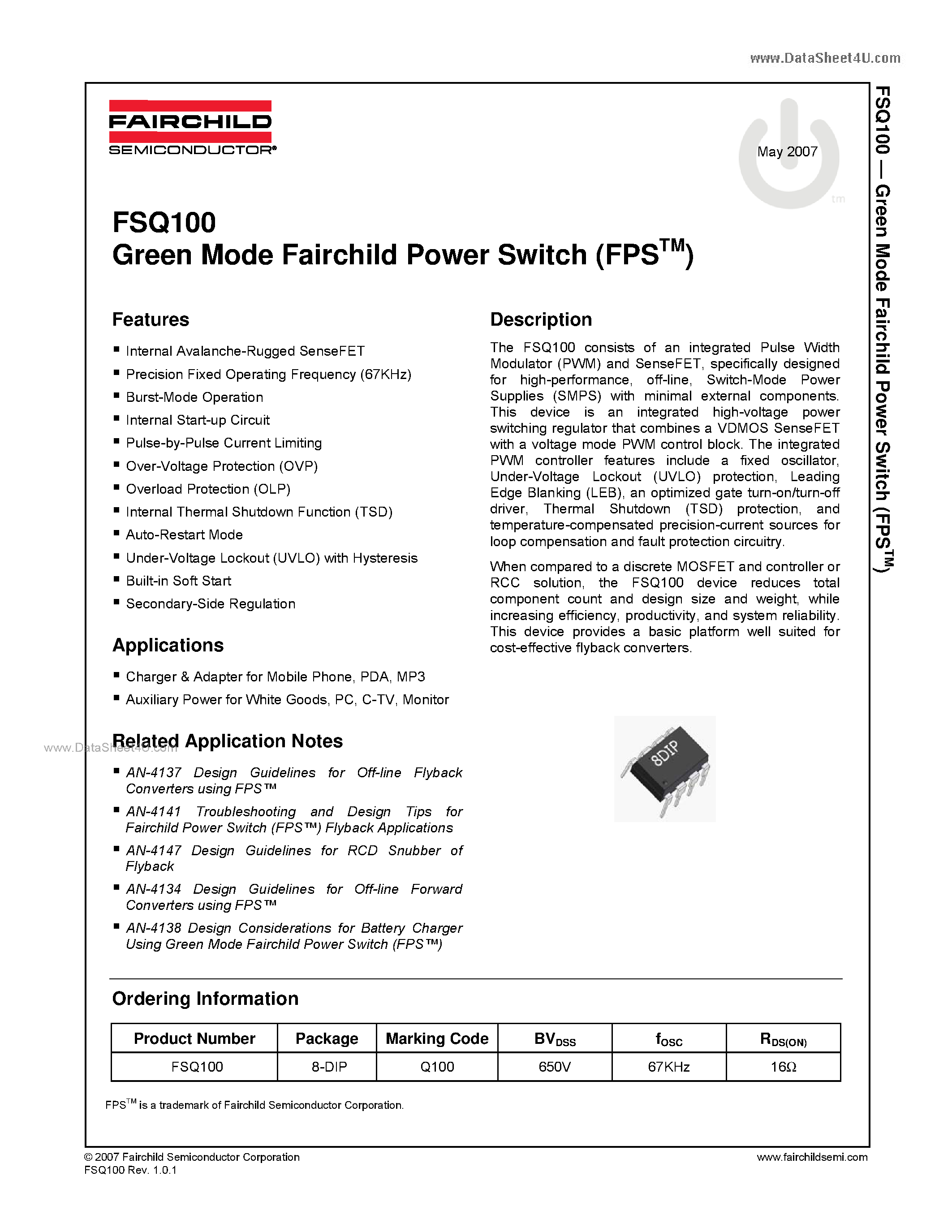 Даташит на микросхему FSQ100 страница 1 Даташит FSQ100 - Green Mode Fairchild Power Switch страница 1