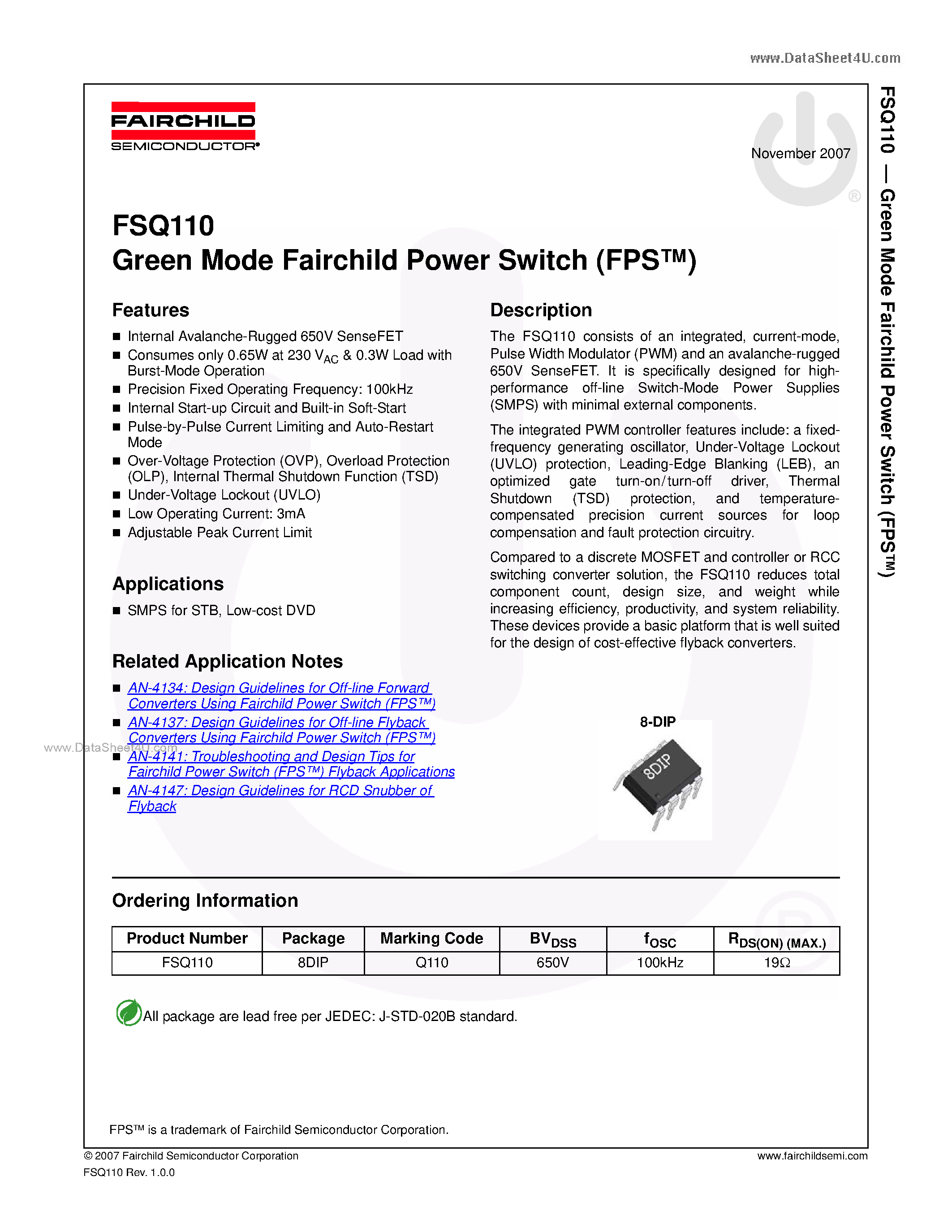 Даташит на микросхему FSQ110 страница 1 Даташит FSQ110 - Green Mode Fairchild Power Switch страница 1