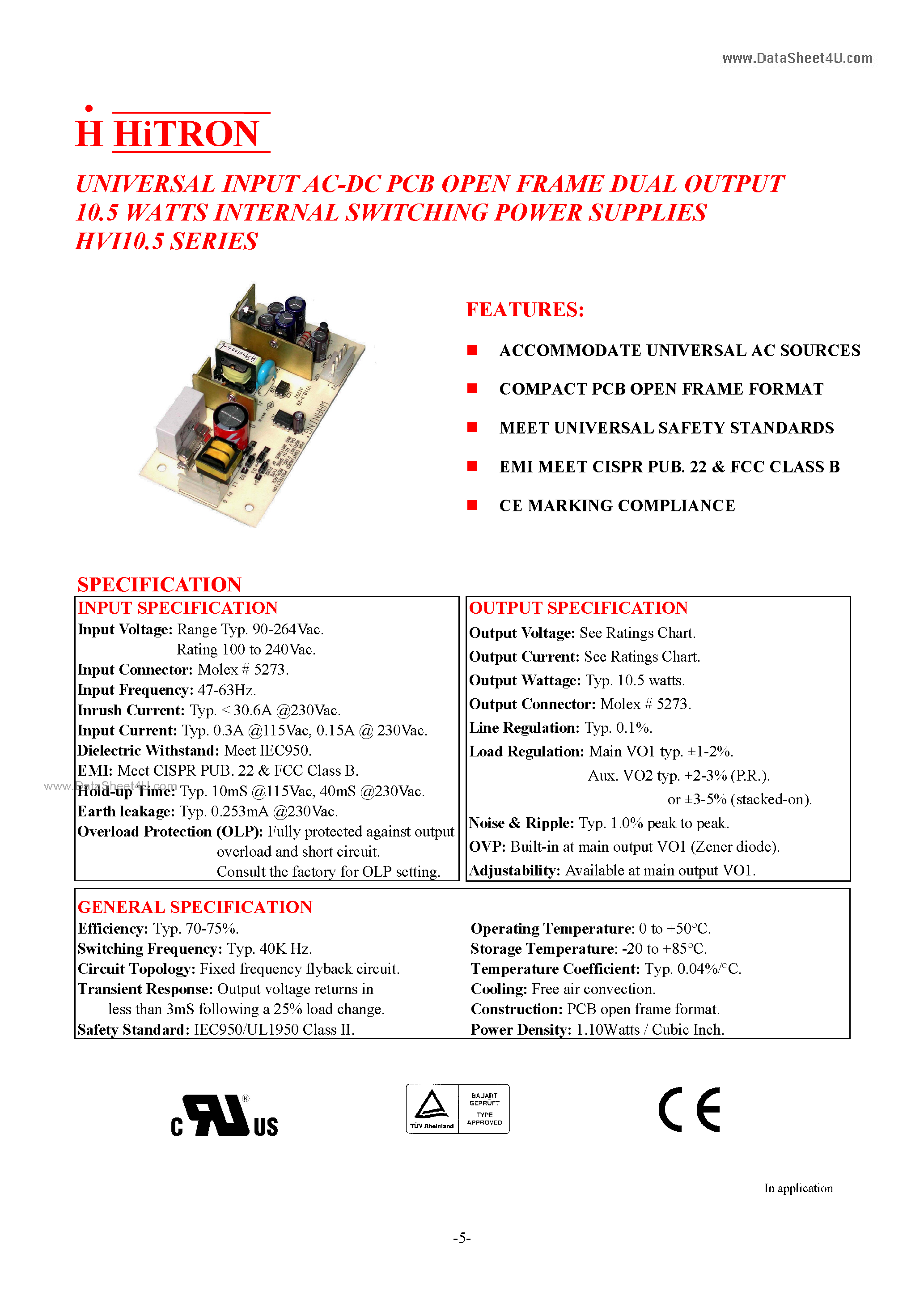 Даташит на микросхему HVI10.5 страница 1 Даташит HVI10.5 - UNIVERSAL INPUT AC-DC PCB OPEN FRAME DUAL OUTPUT 10.5 WATTS INTERNAL SWITCHING POWER SUPPLIES страница 1