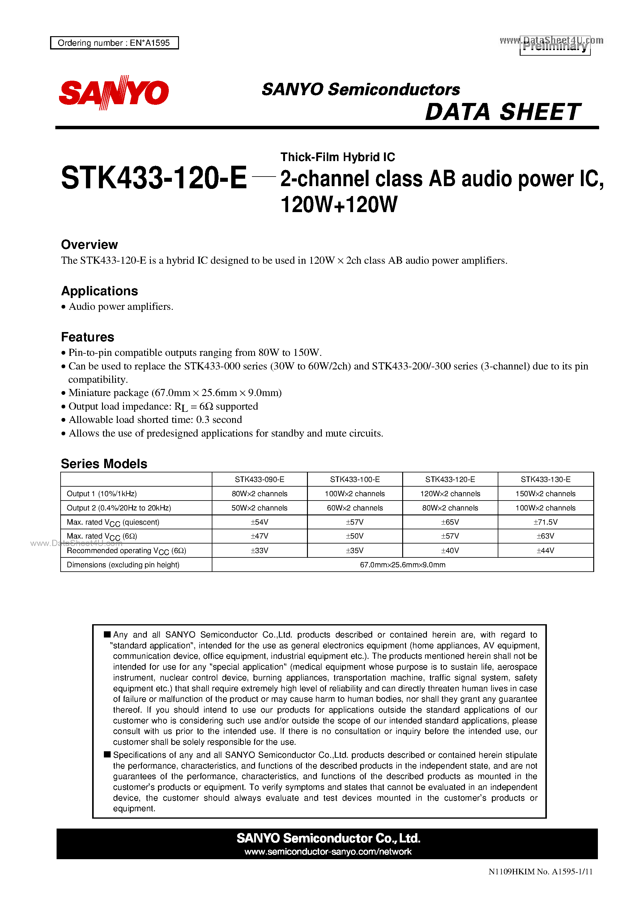 Даташит на микросхему STK433-120-E страница 1 Даташит STK433-120-E - 2-channel class AB audio power IC страница 1