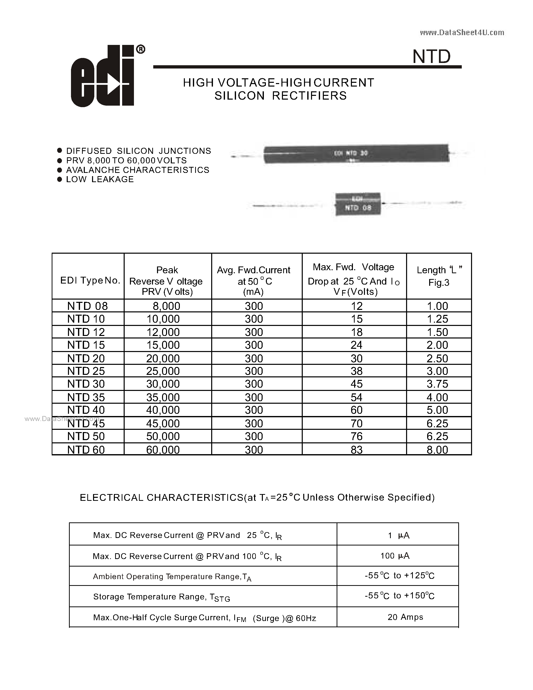 Datasheet NTD page 1 Datasheet NTD - HIGH VOLTAGE-HIGH CURRENT SILICON RECTIFIERS page 1