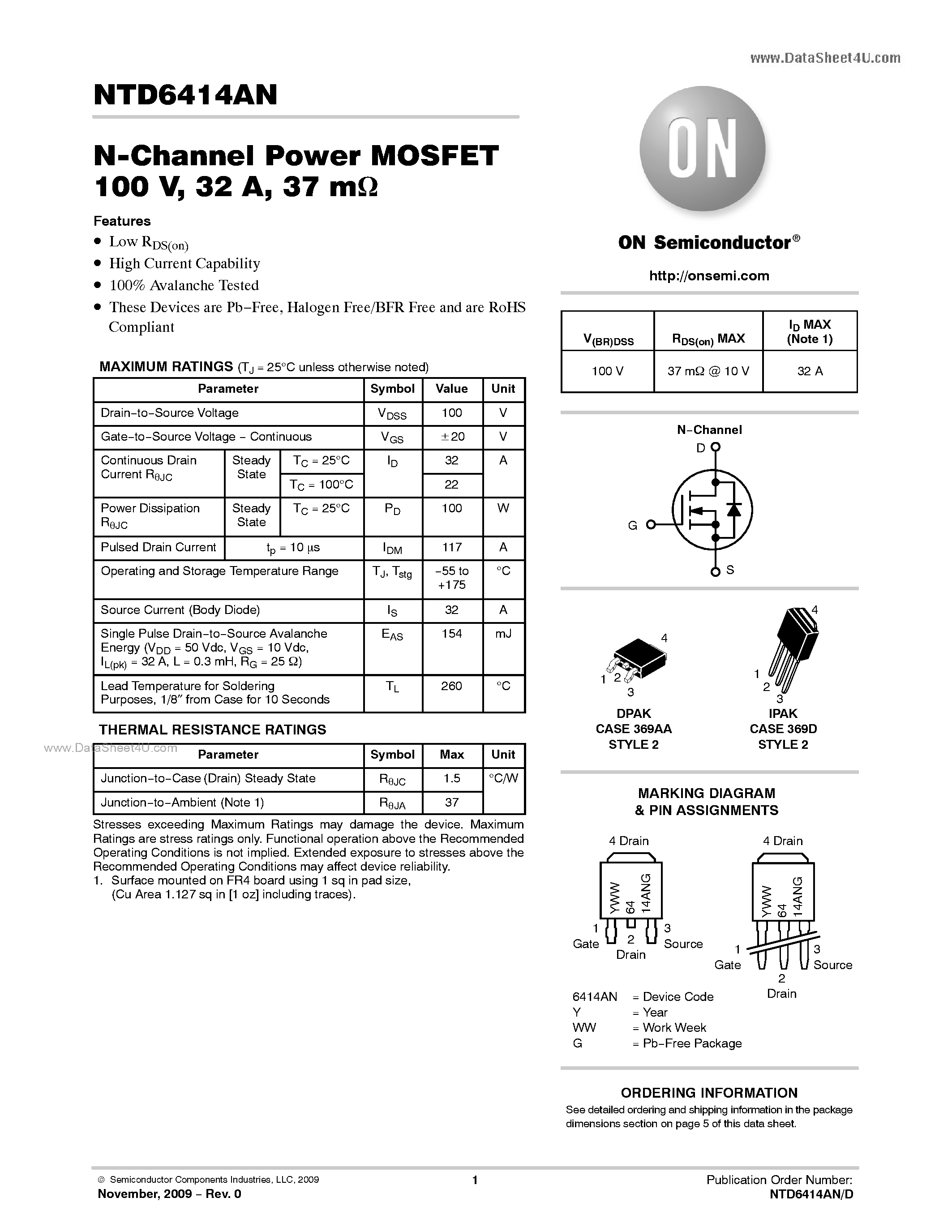 NTD6414AN даташит ON Semiconductor техническое описание радиодетали, N ...