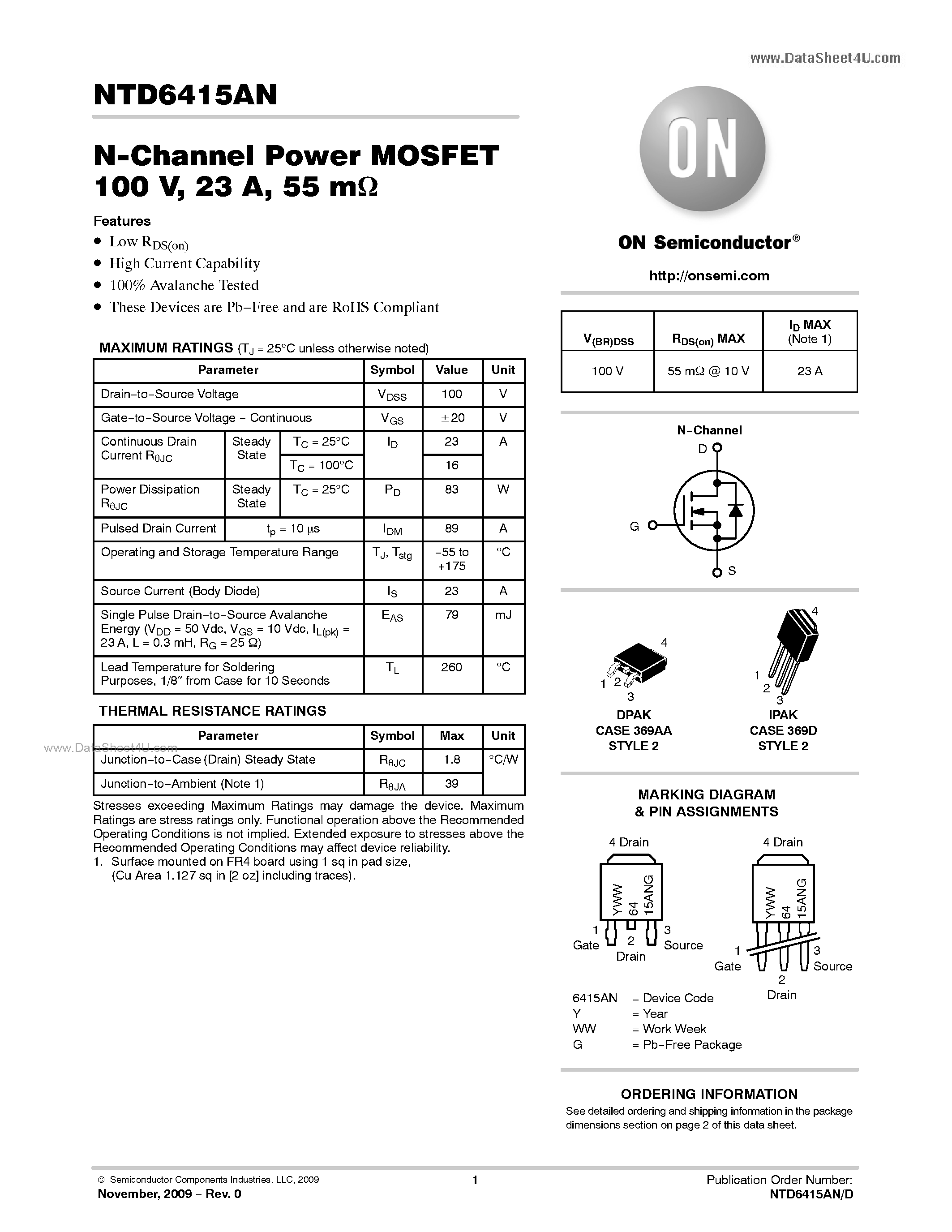 Datasheet NTD6415AN - N-Channel Power MOSFET page 1