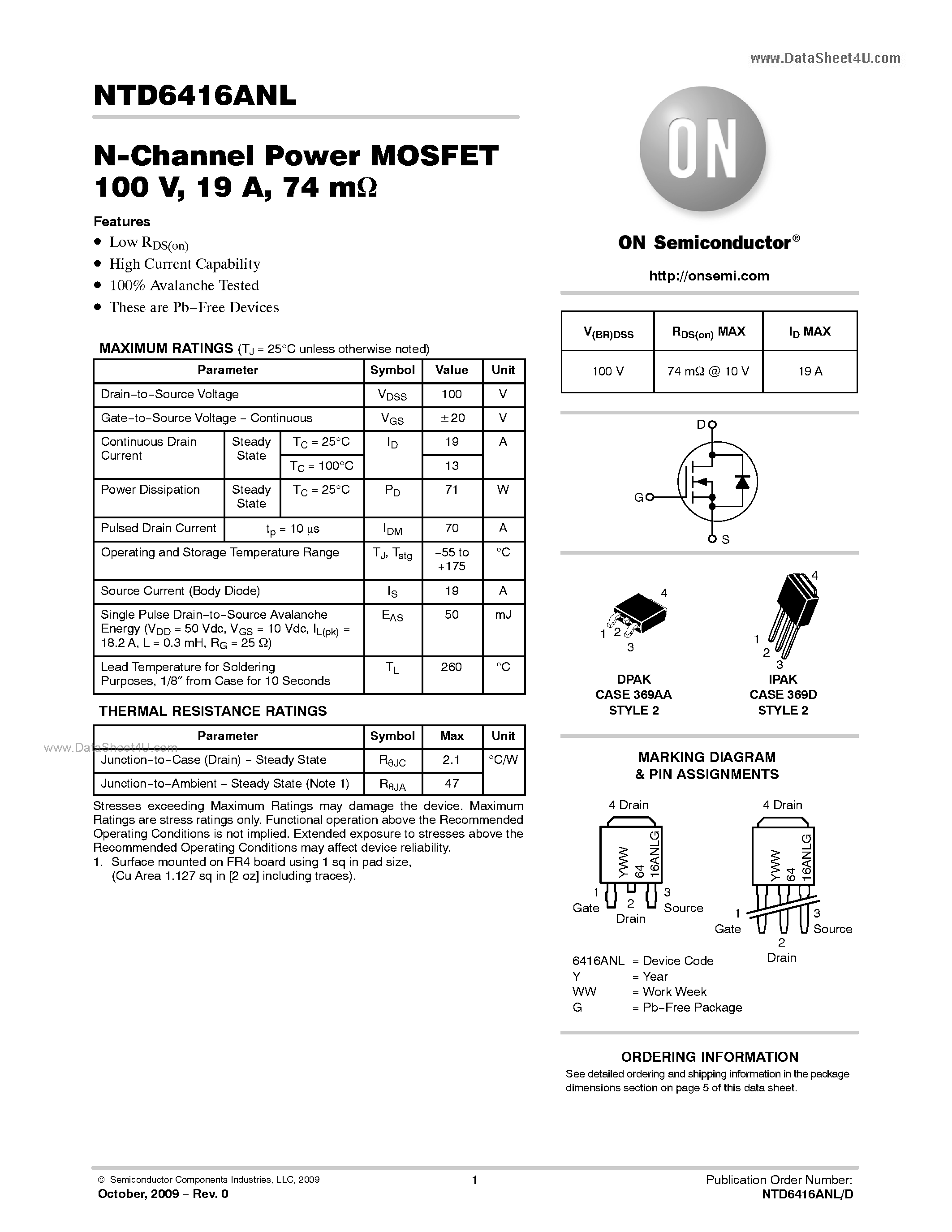 Datasheet NTD6416ANL - N-Channel Power MOSFET page 1
