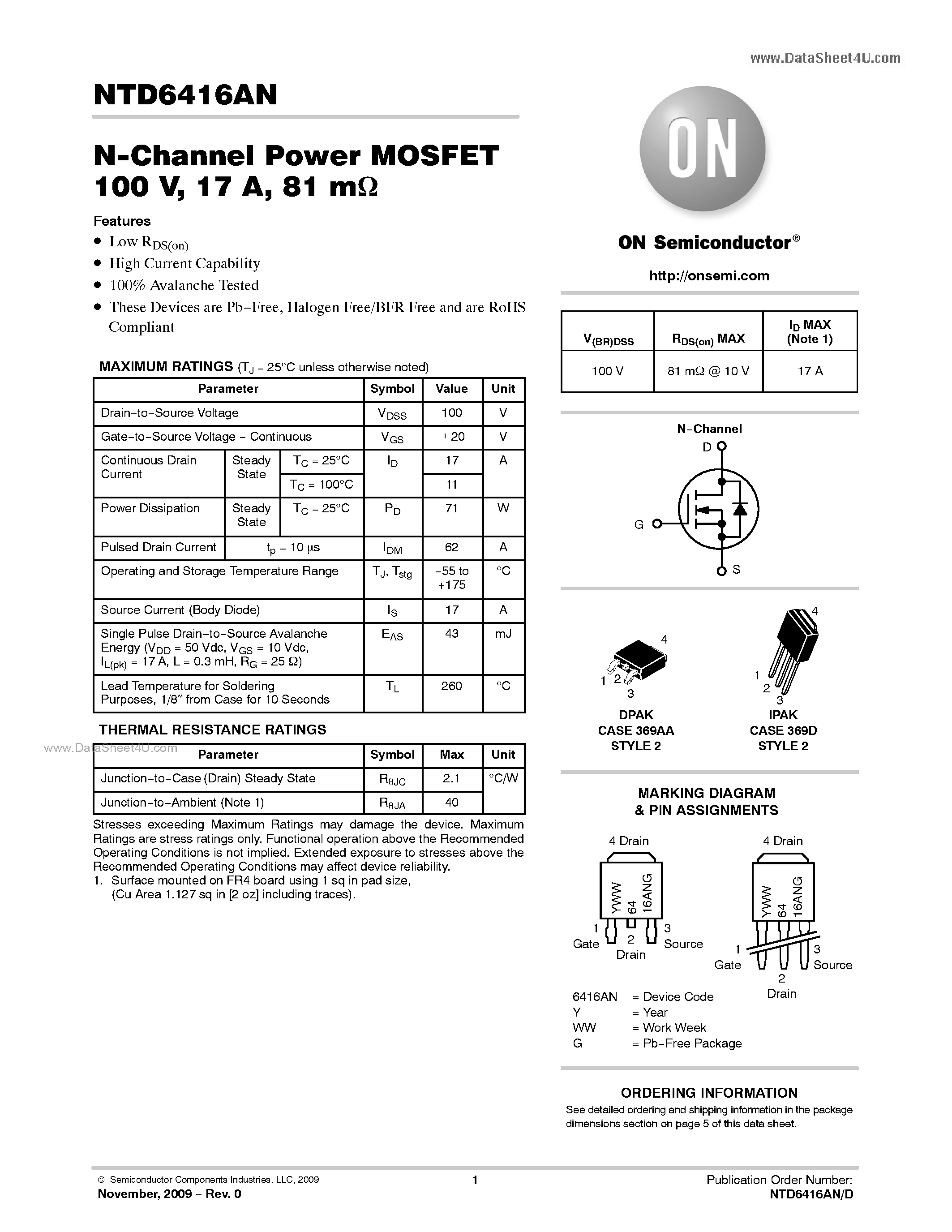 Datasheet NTD6416AN - N-Channel Power MOSFET page 1