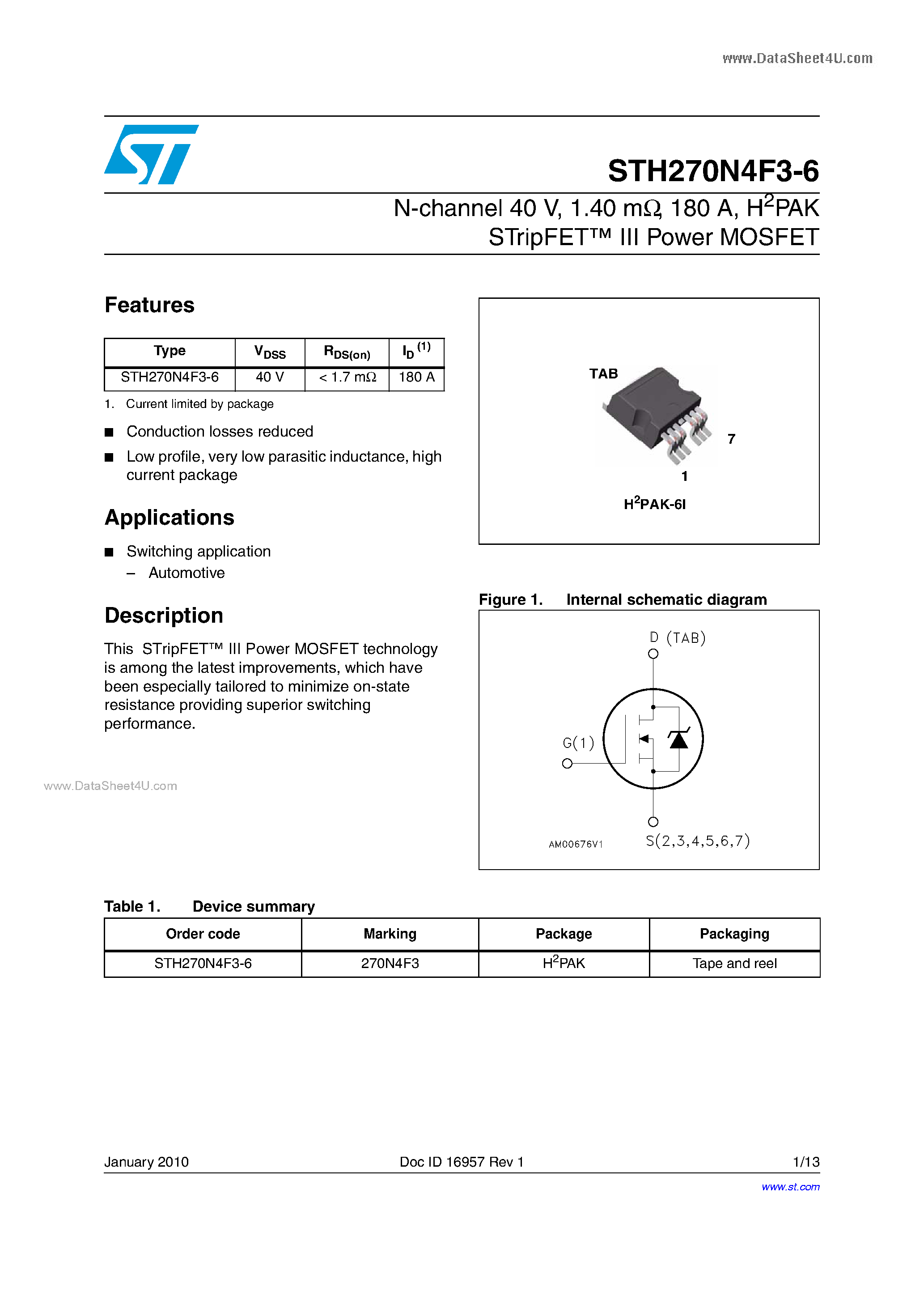 Datasheet STH270N4F3-6 - Power MOSFETs page 1