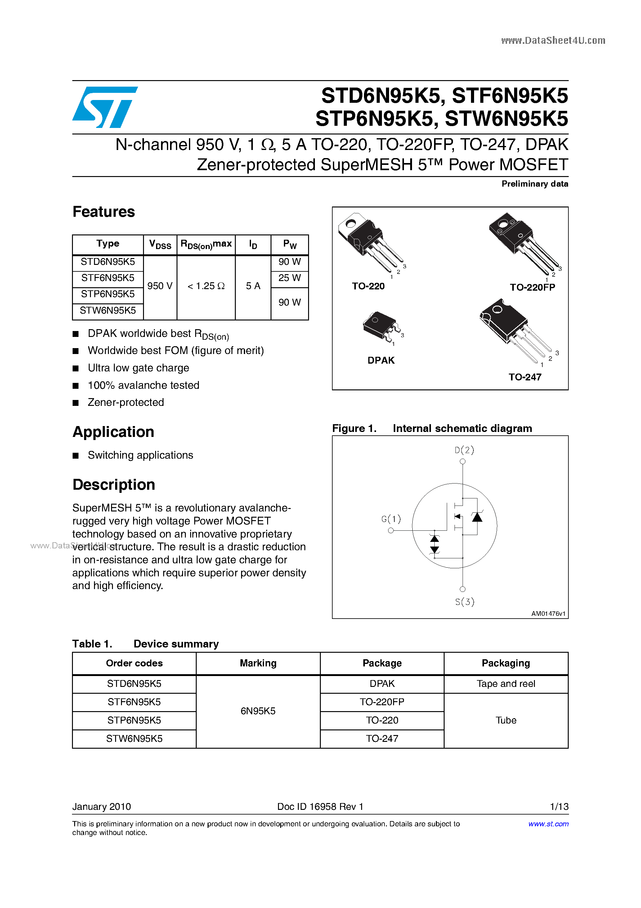 Datasheet STD6N95K5 - Power MOSFETs page 1