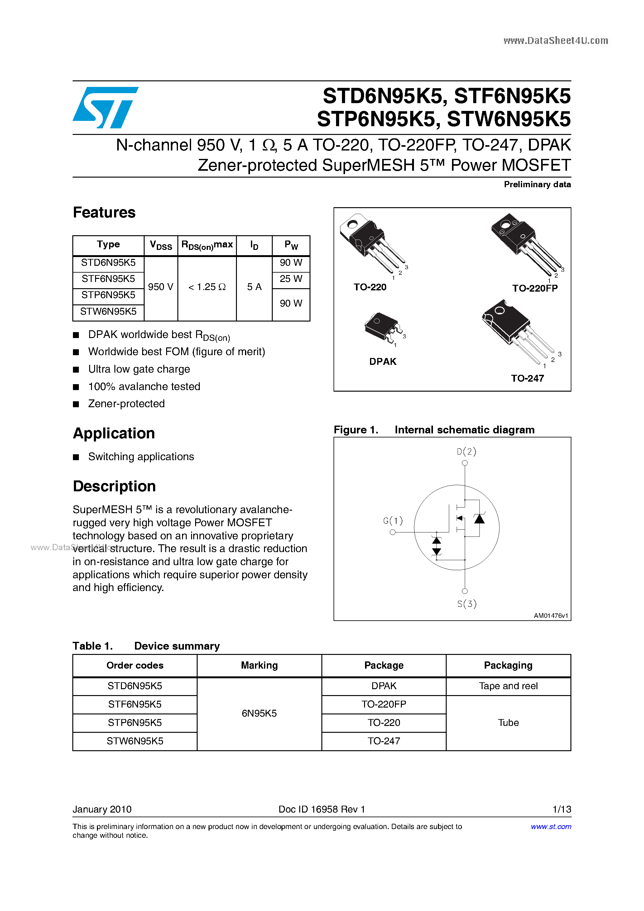 Datasheet STP6N95K5 - Power MOSFETs page 1