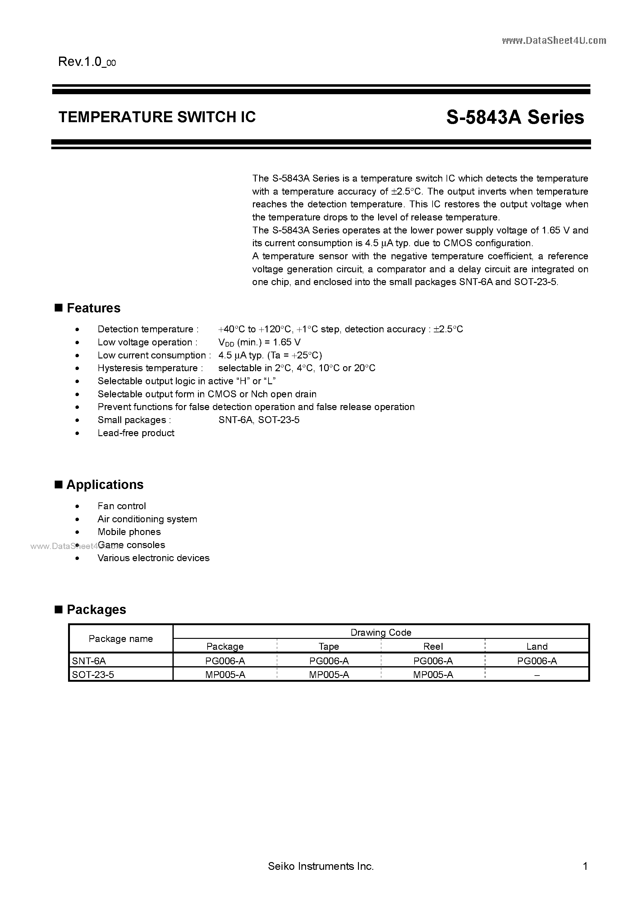 Datasheet S-5843A - TEMPERATURE SWITCH IC page 1