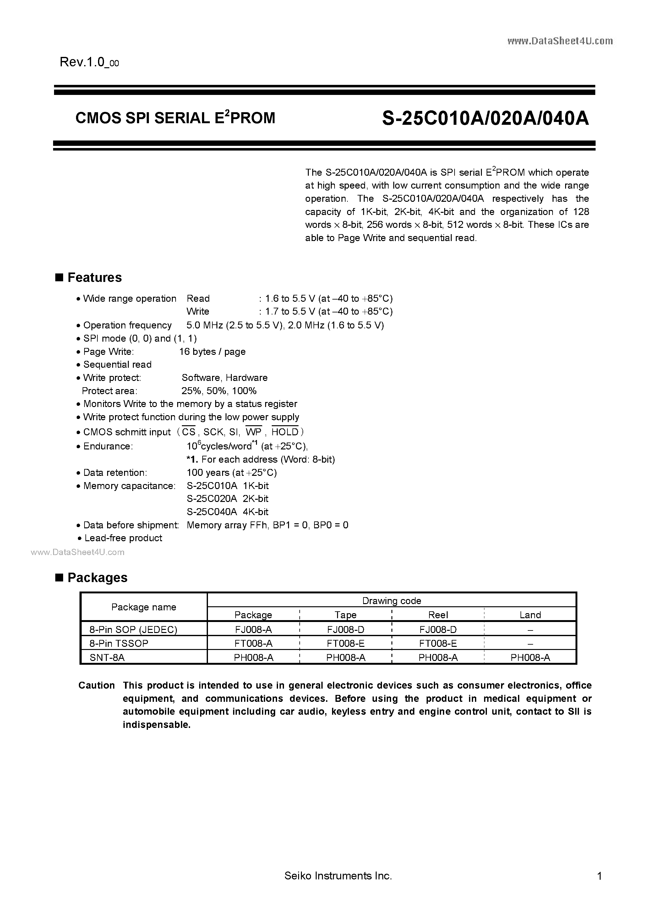 Даташит S-25C010A - (S-25C010A - S-25C040A) CMOS SPI SERIAL E2PROM страница 1