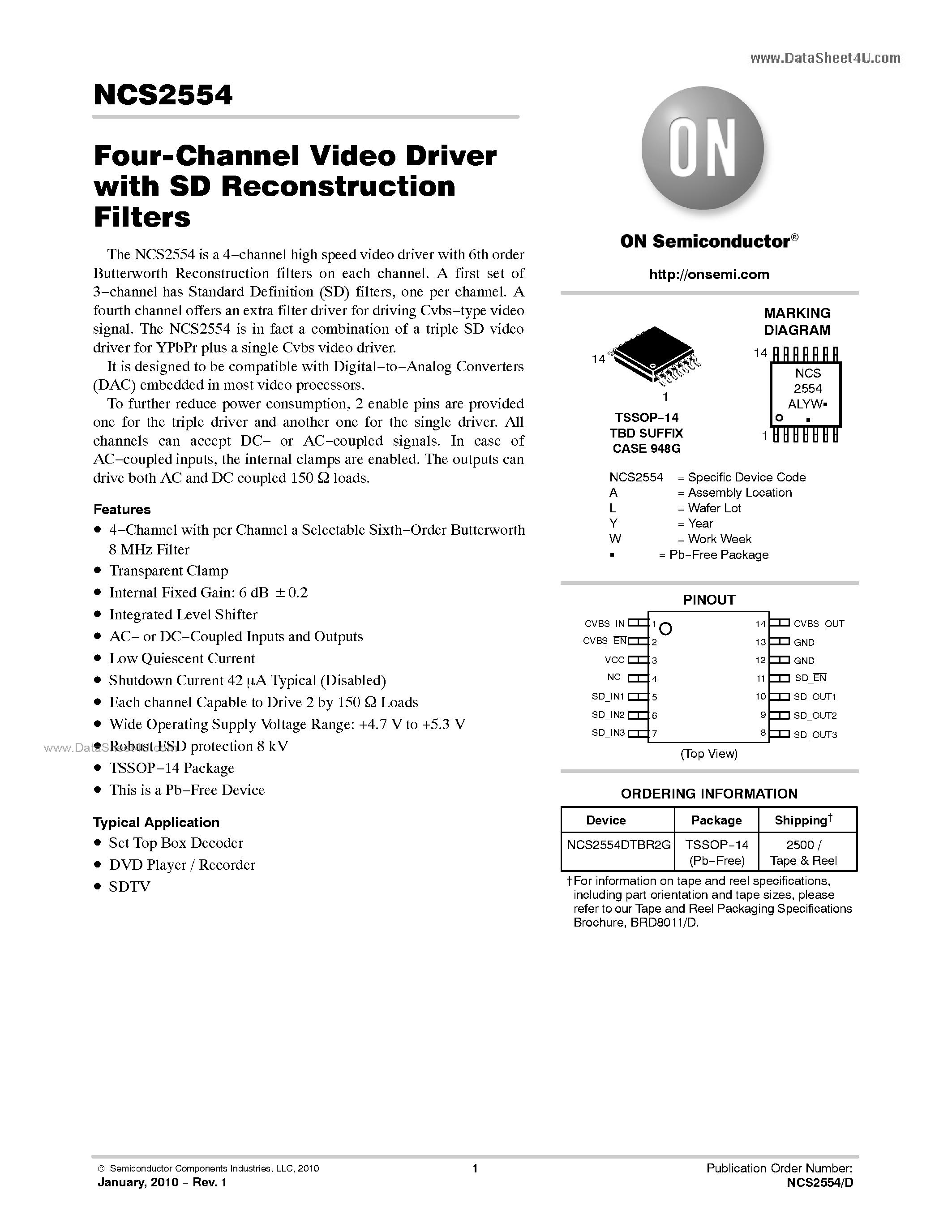 Datasheet NCS2554 - 4-Channel Video Driver page 1