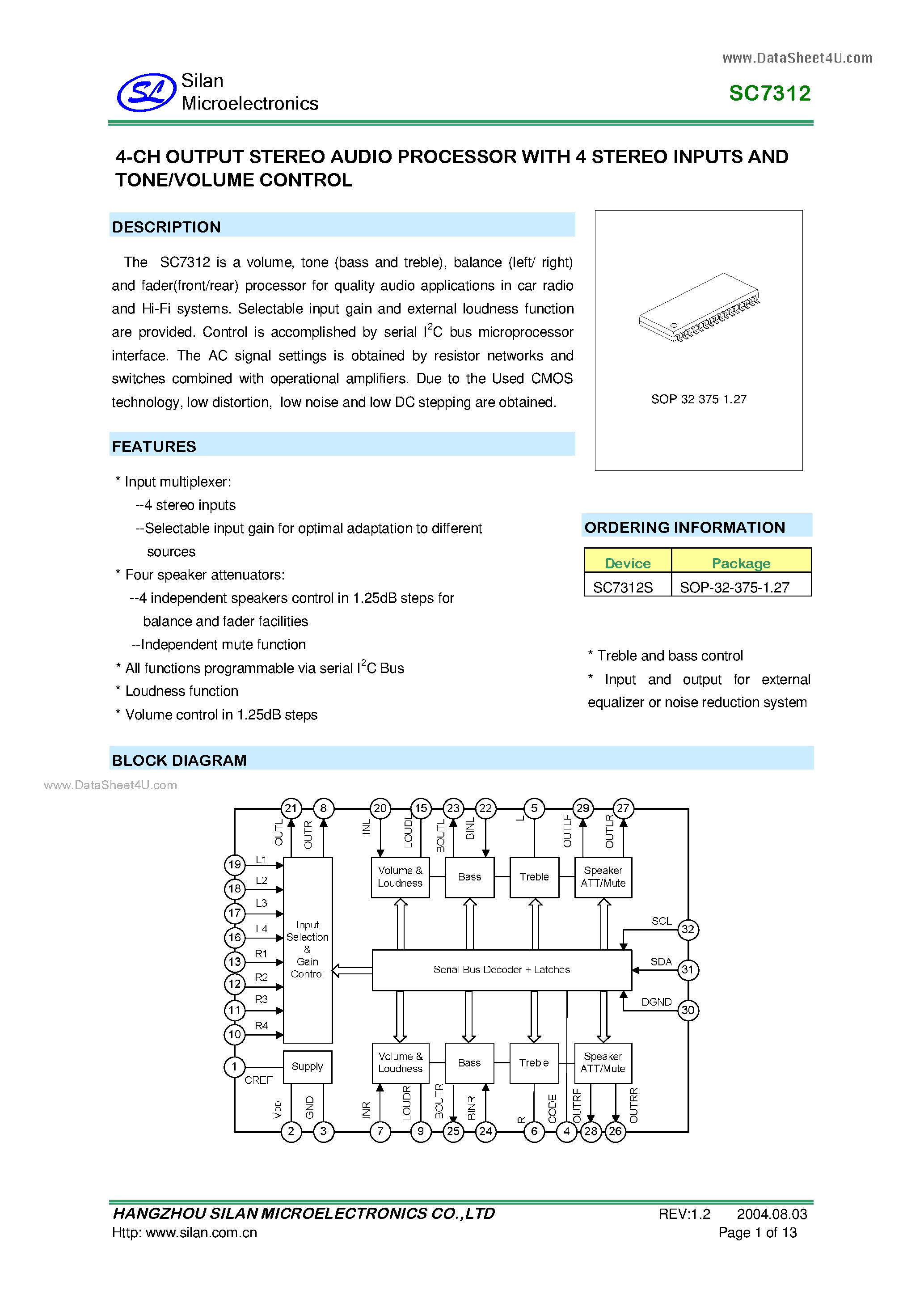 Даташит SC7312 - 4CH OUTPUT STEREO AUDIO PROCESSOR страница 1