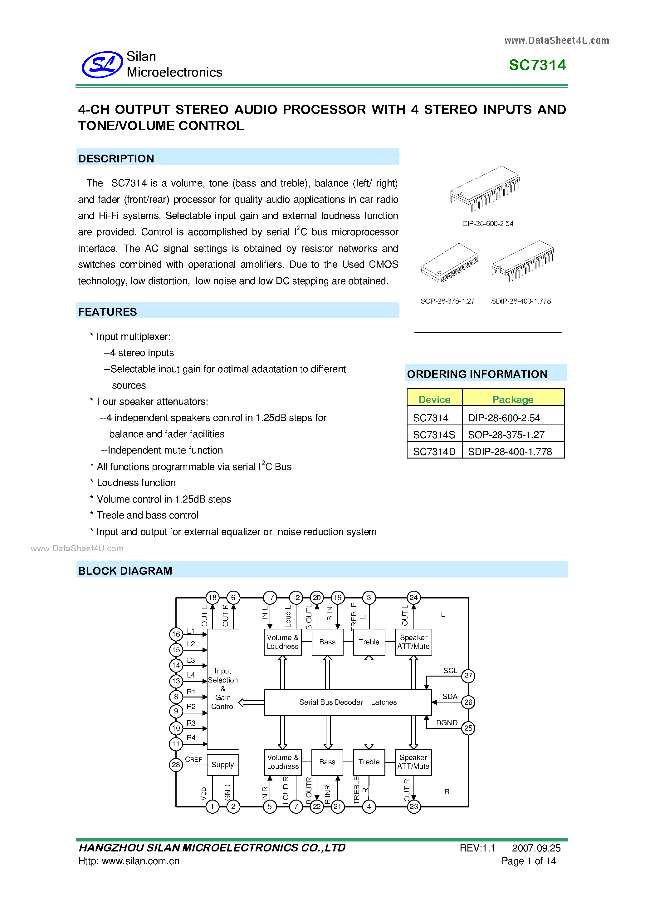 Даташит SC7314 - 4CH OUTPUT STEREO AUDIO PROCESSOR страница 1