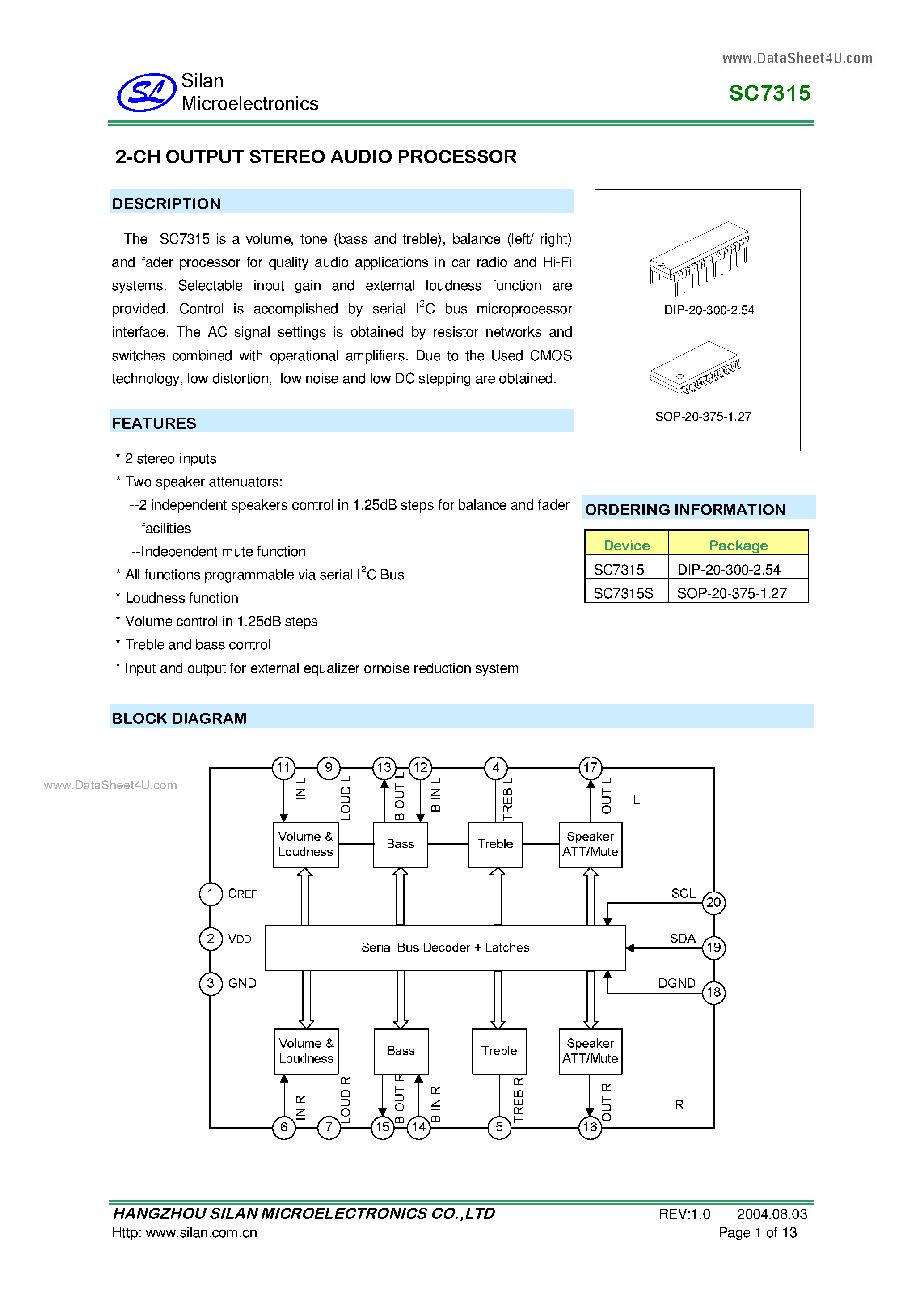 Даташит SC7315 - 2CH OUTPUT STEREO AUDIO PROCESSOR страница 1