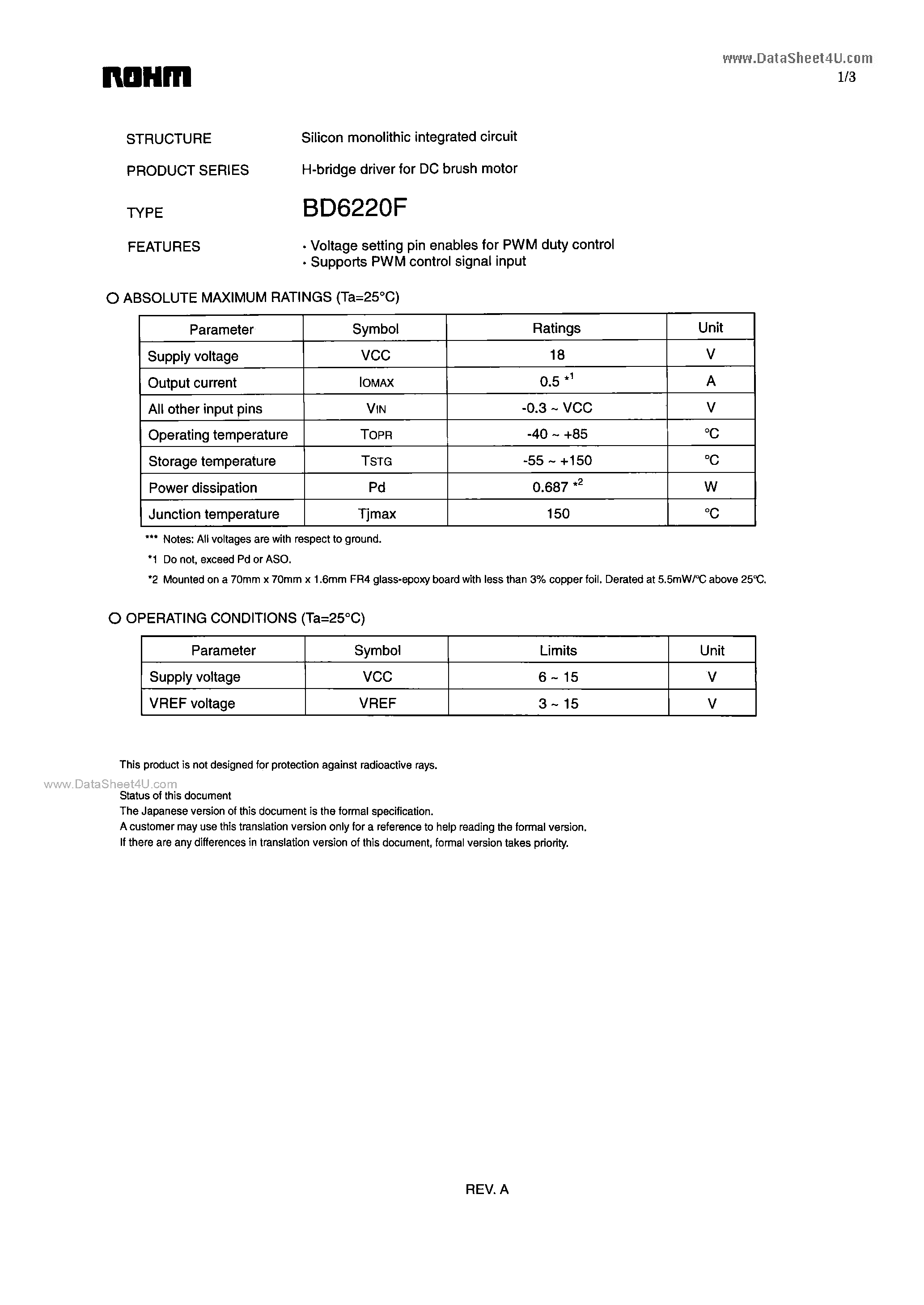 Datasheet BD6220F page 1 Datasheet BD6220F - H-bridge driver page 1