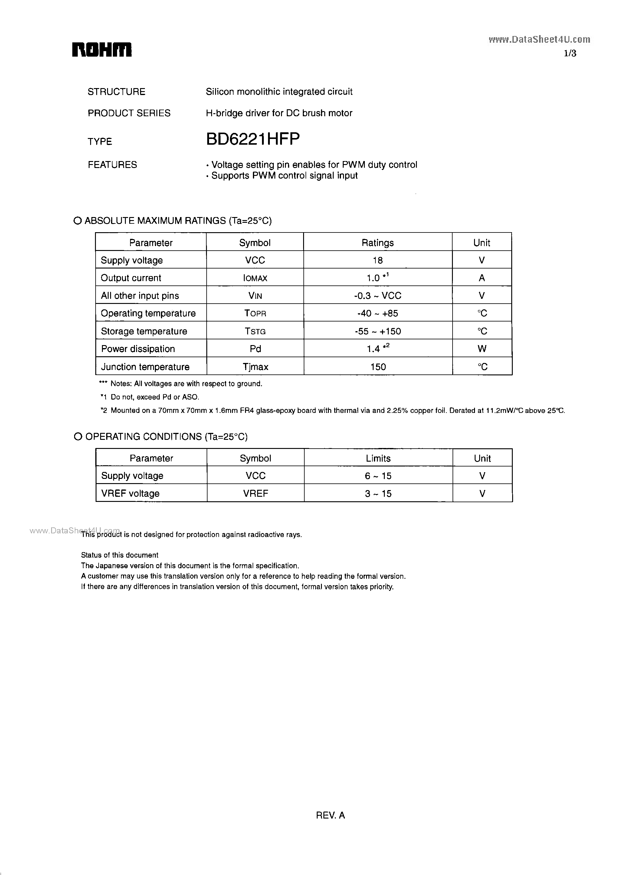 Datasheet BD6221HFP page 1 Datasheet BD6221HFP - H-bridge driver page 1