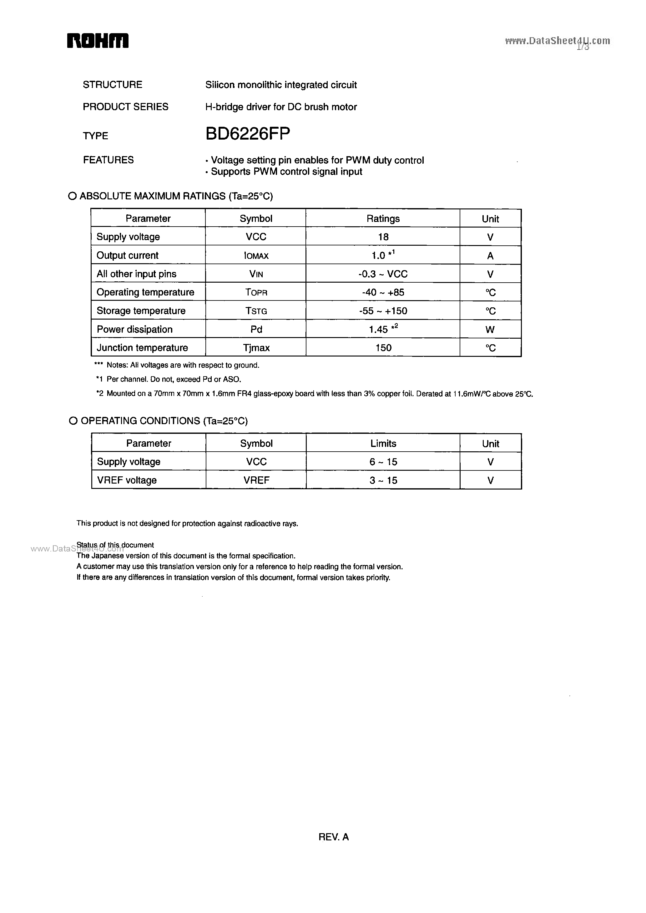 Datasheet BD6226FP page 1 Datasheet BD6226FP - H-bridge driver page 1