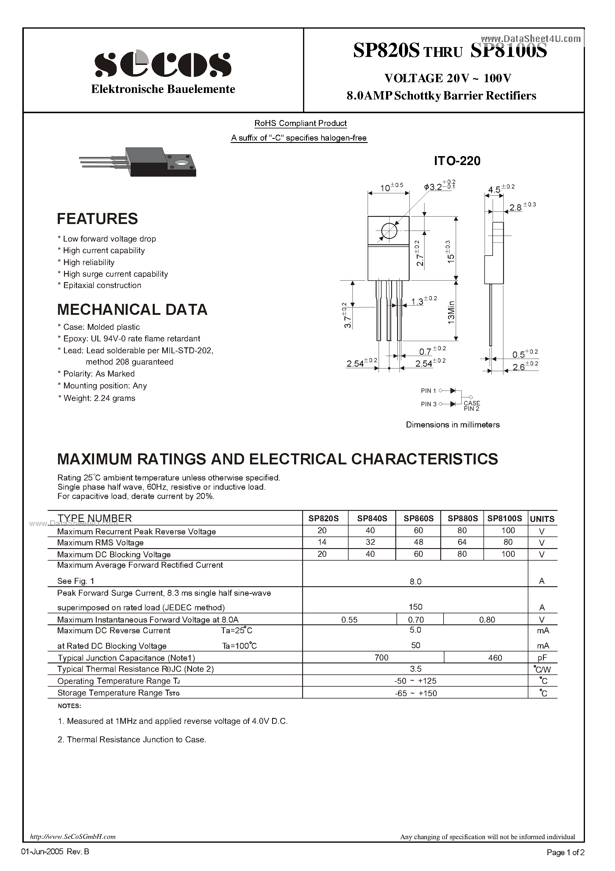 Datasheet SP8100S - (SP810S - SP8100S) 8.0AMP Schottky Barrier Rectifiers page 1