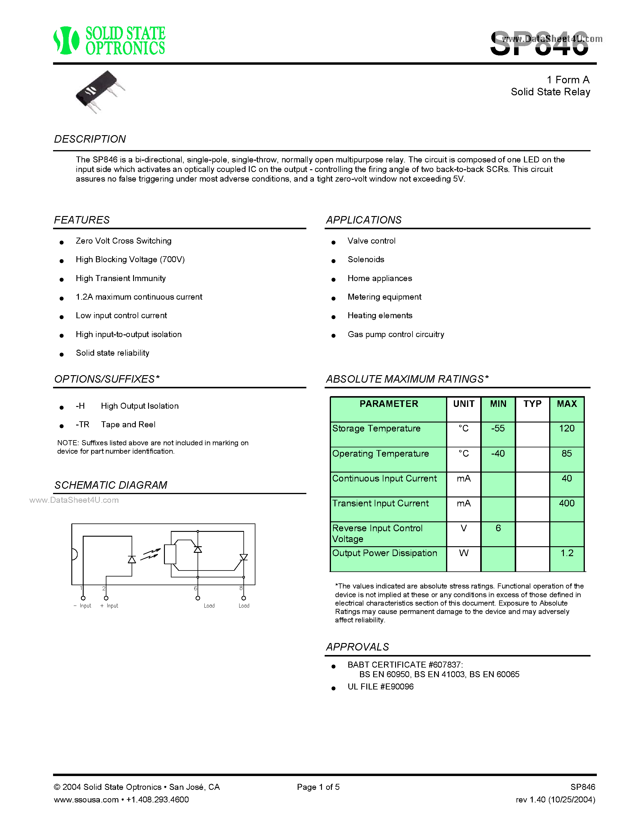 Datasheet SP846 - 1 Form A Solid State Relay page 1