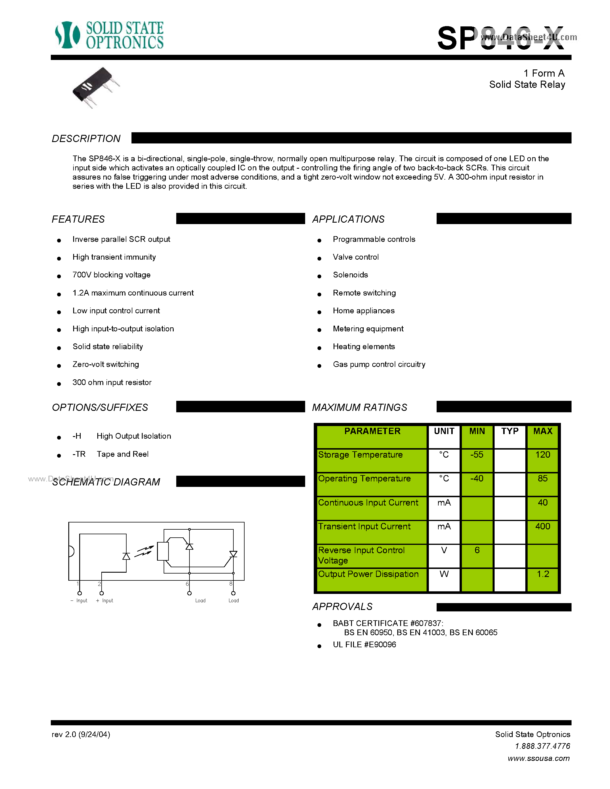 Datasheet SP846-x page 1 Datasheet SP846-x - 1 Form A Solid State Relay page 1