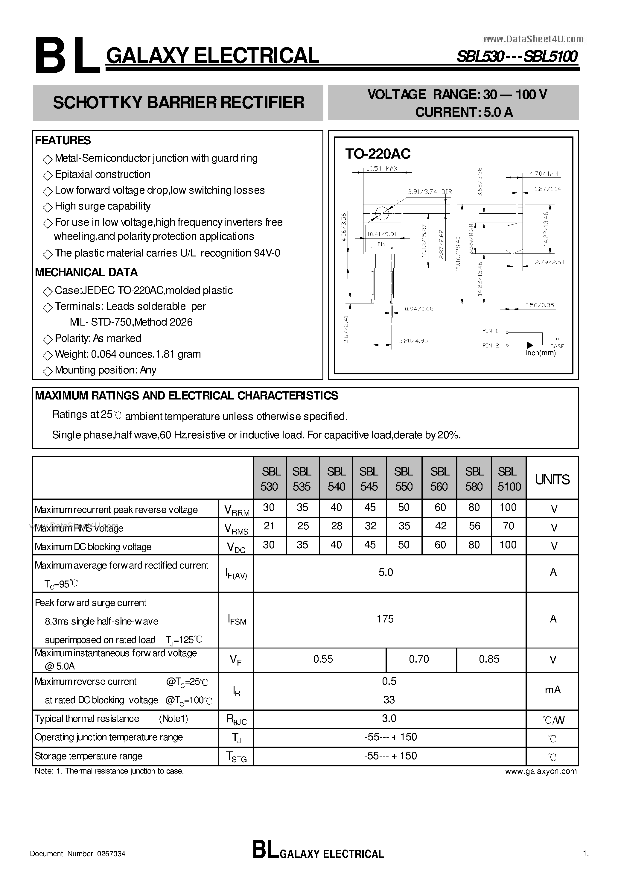 Datasheet SBL5100 page 1 Datasheet SBL5100 - (SBL530 - SBL5100) SCHOTTKY BARRIER RECTIFIER page 1