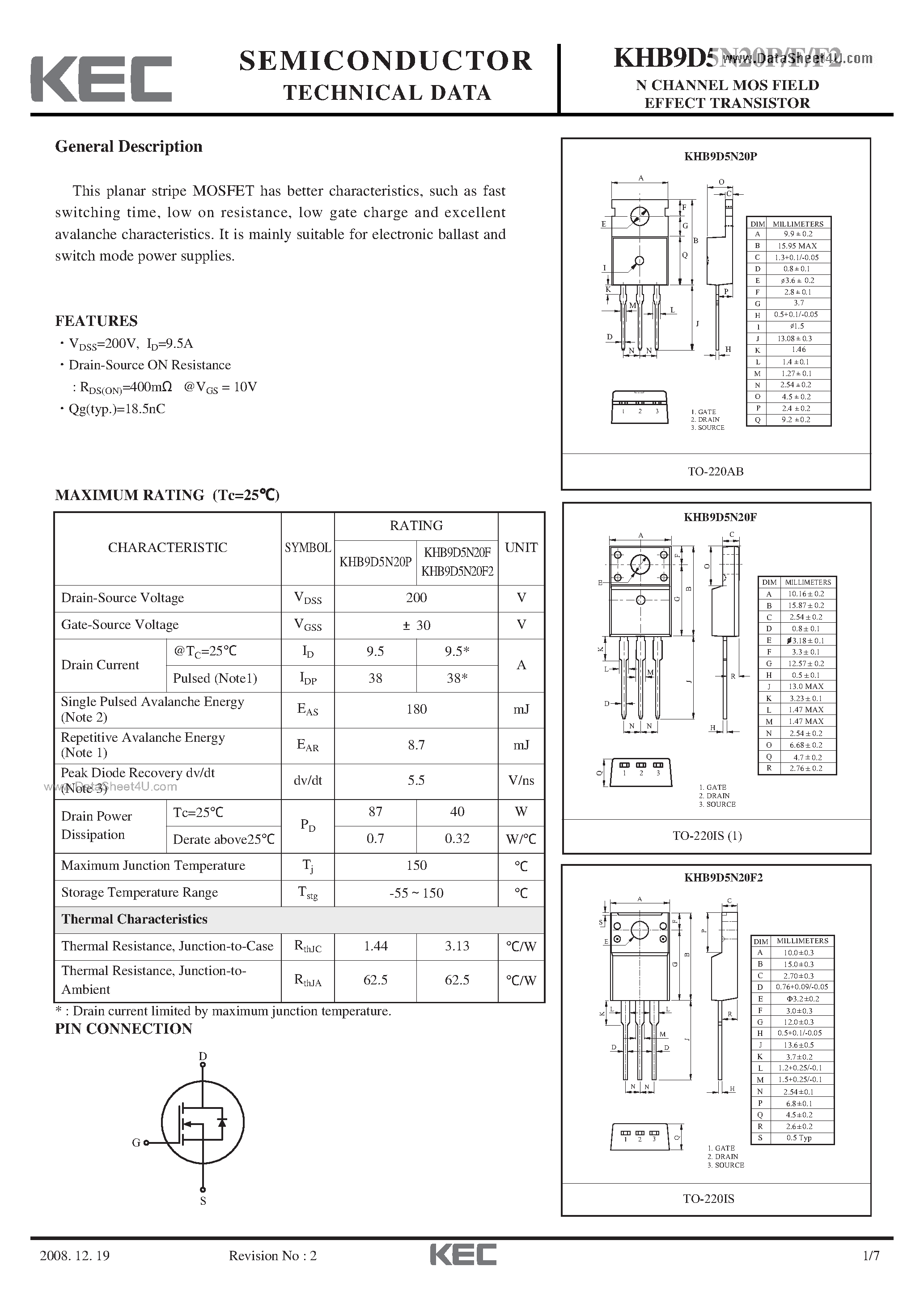 Datasheet KHB9D5N20F - N CHANNEL MOS FIELD EFFECT TRANSISTOR page 1