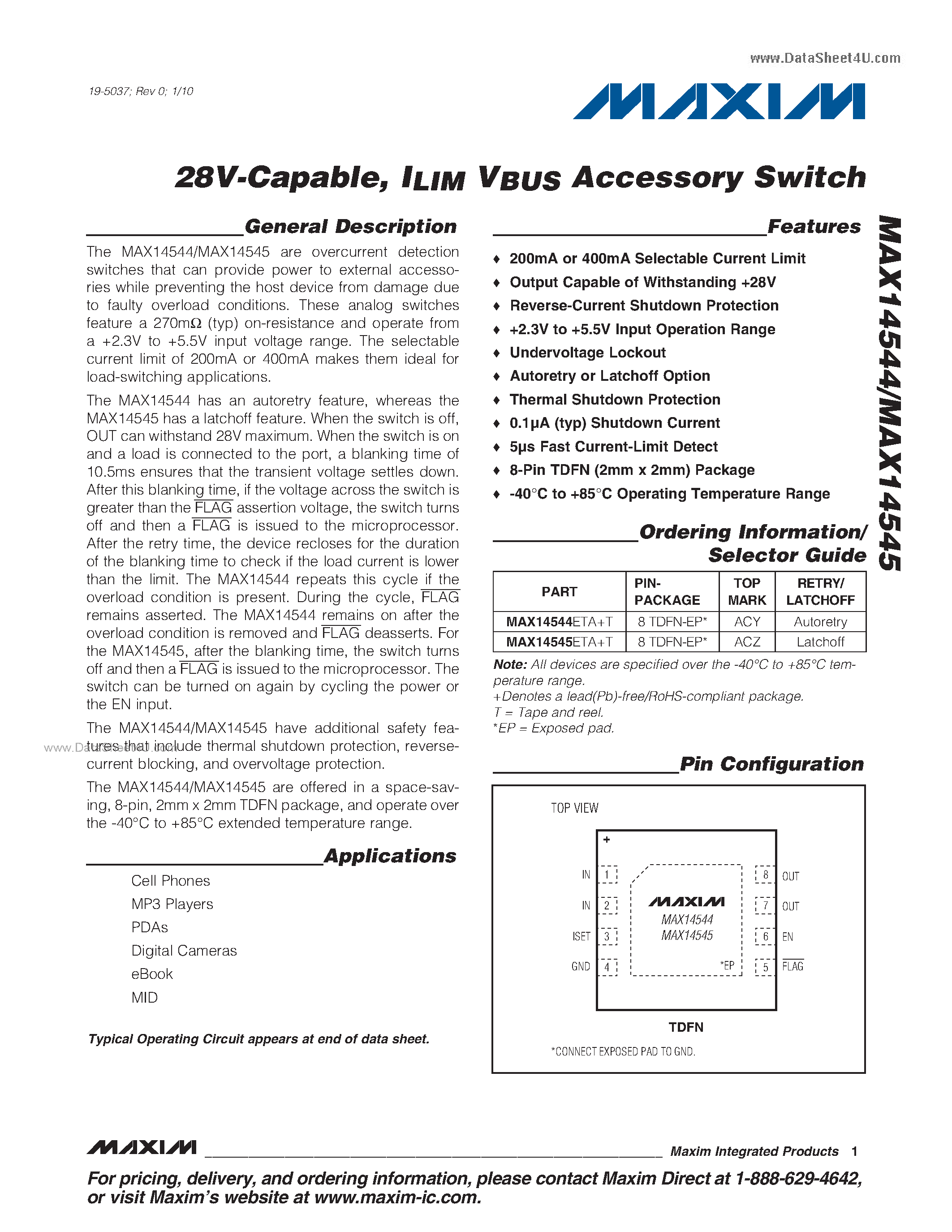 Datasheet MAX14544 page 1 Datasheet MAX14544 - (MAX14544 / MAX14545) ILIM VBUS Accessory Switch page 1