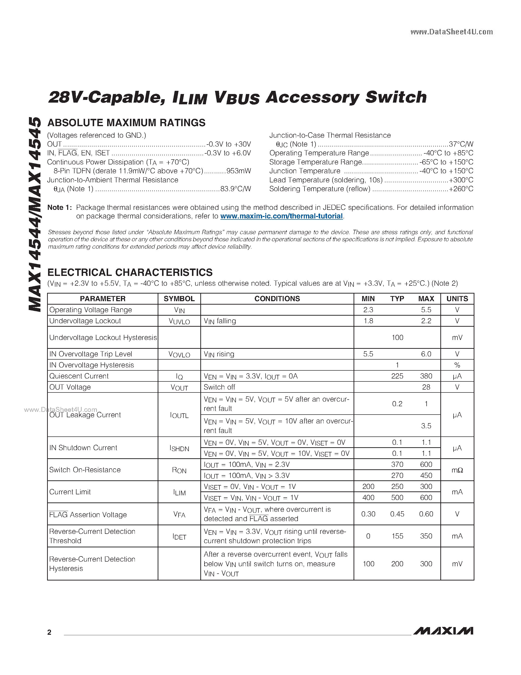Datasheet MAX14544 page 2 Datasheet MAX14544 - (MAX14544 / MAX14545) ILIM VBUS Accessory Switch page 2
