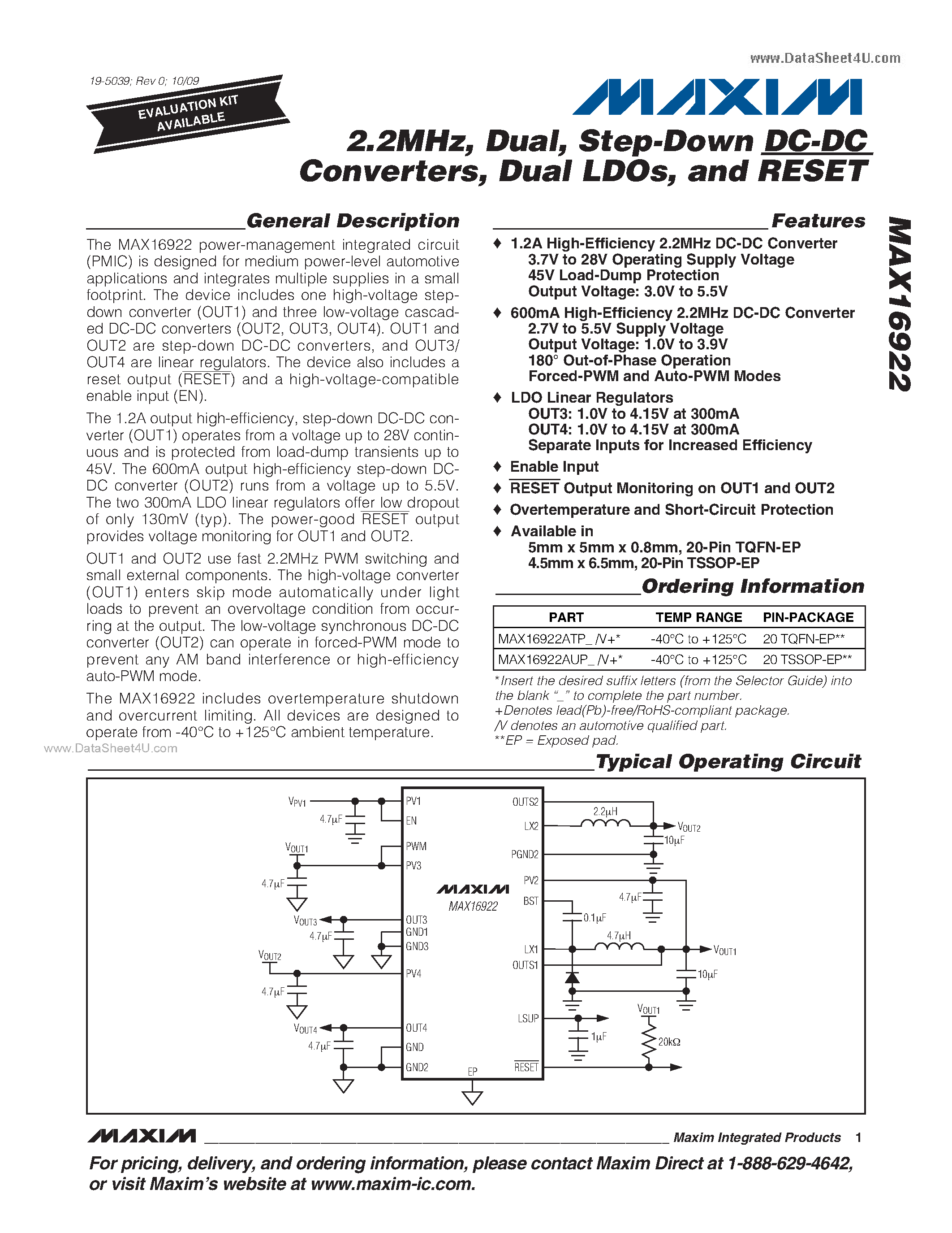 Datasheet MAX16922 - Step-Down DC-DC Converters page 1