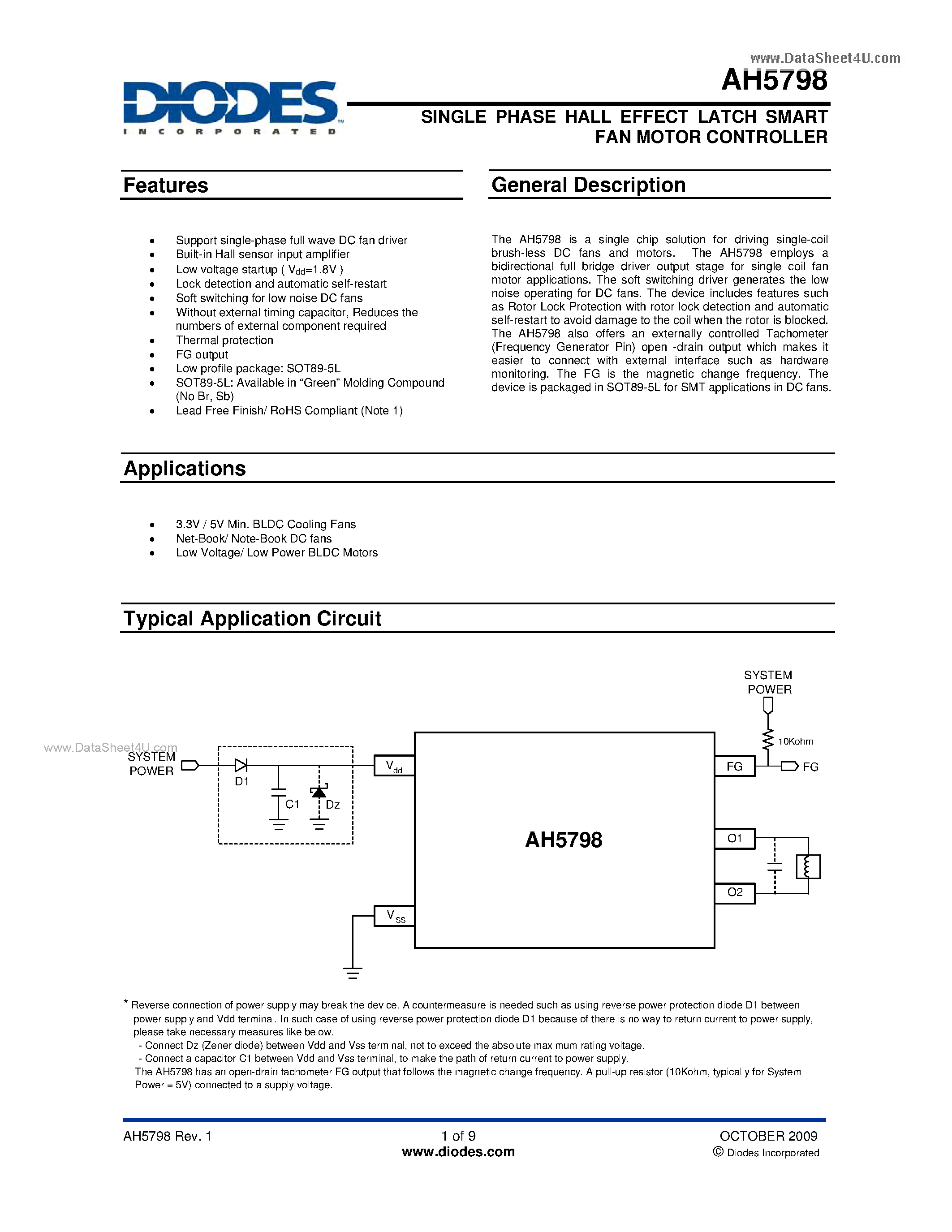 Datasheet AH5798 - SINGLE PHASE HALL EFFECT LATCH SMART FAN MOTOR CONTROLLER page 1
