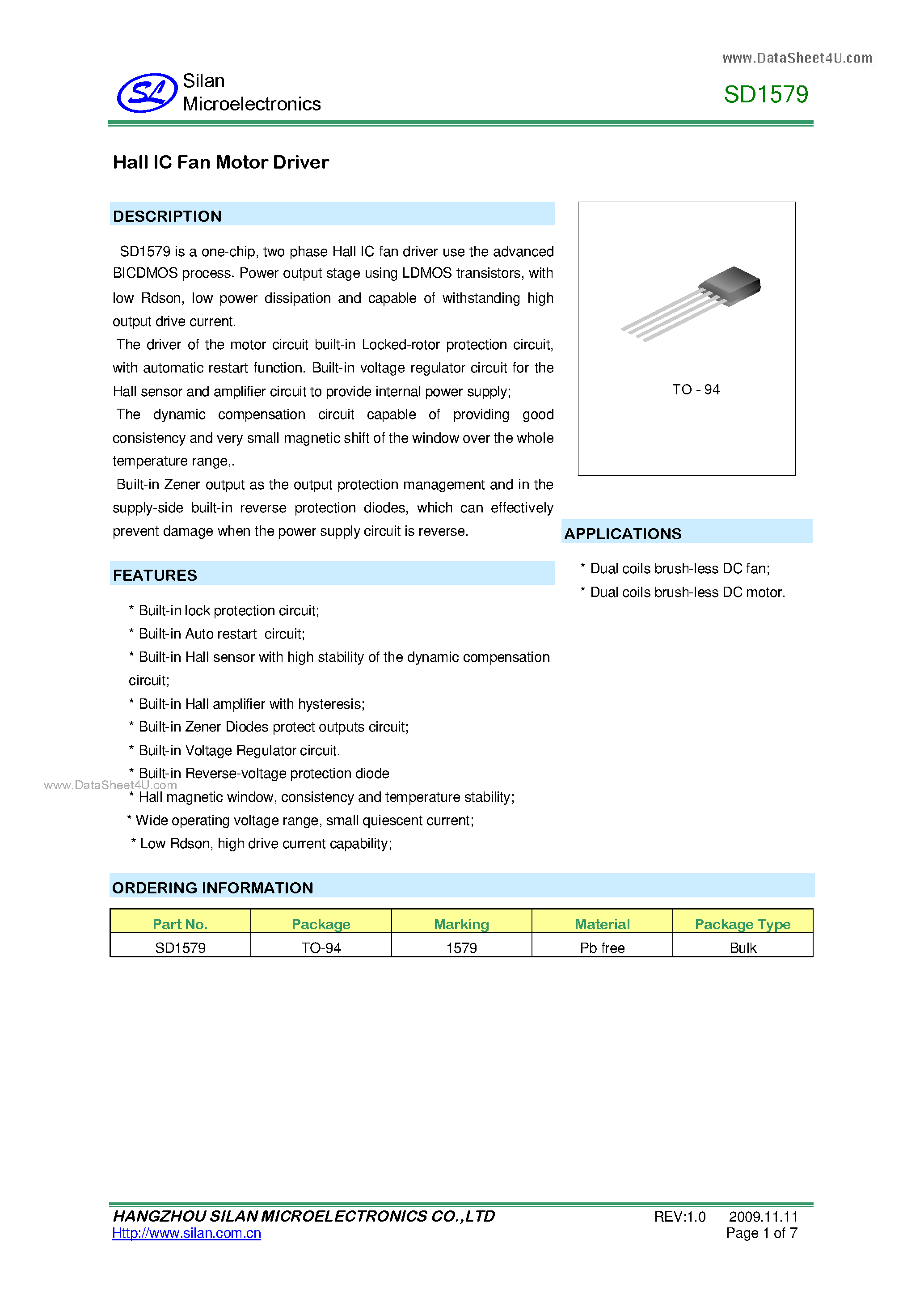 Datasheet SD1579 page 1 Datasheet SD1579 - Hall IC Fan Motor Driver page 1