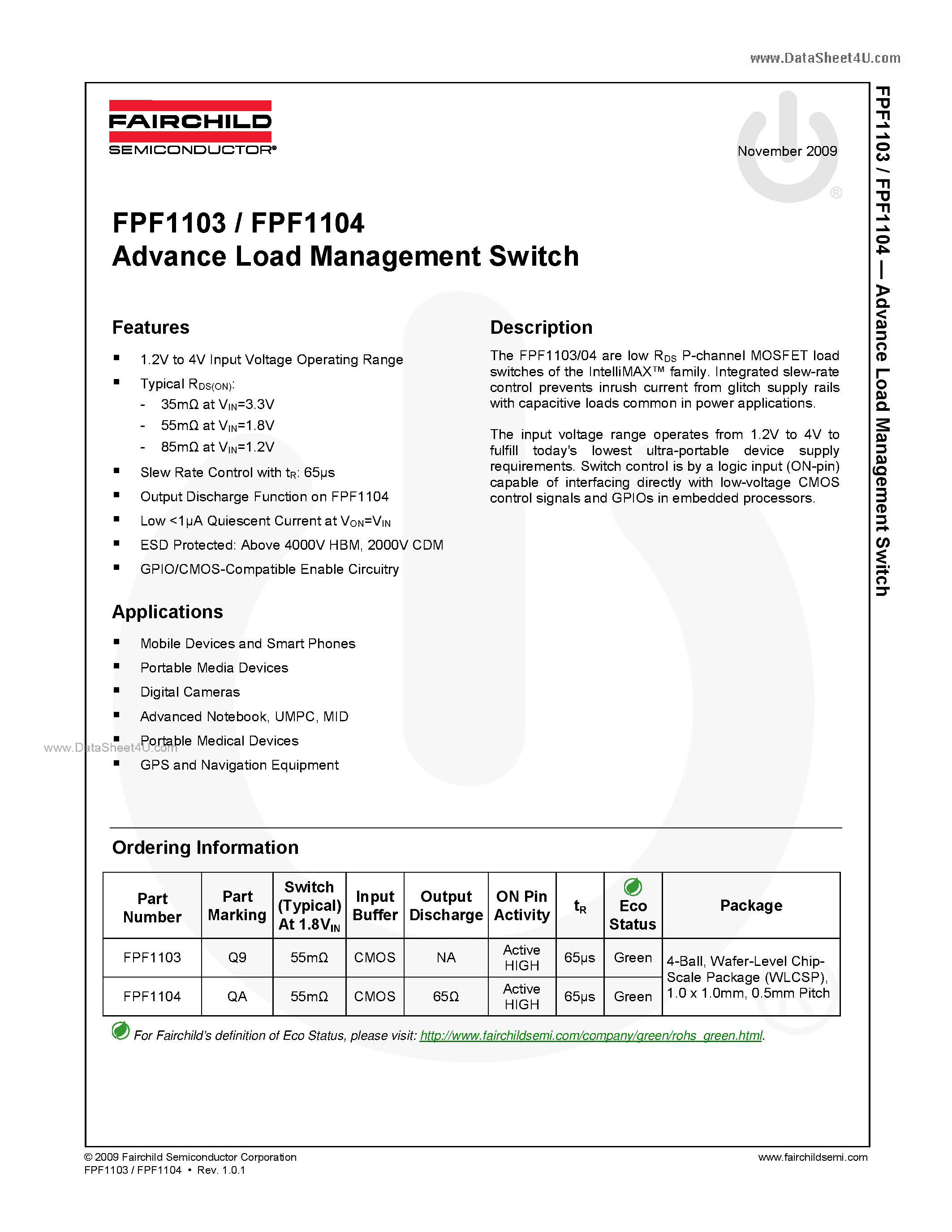 Datasheet FPF1103 - (FPF1103 / FPF1104) Advance Load Management Switch page 1